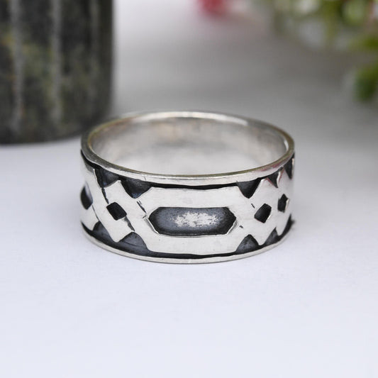 Vintage Sterling Silver Chunky Band Ring - Unisex Silver Geometric Pattern Ring Everyday Jewellery Wide Band | UK Size - N 1/2 | US Size - 7