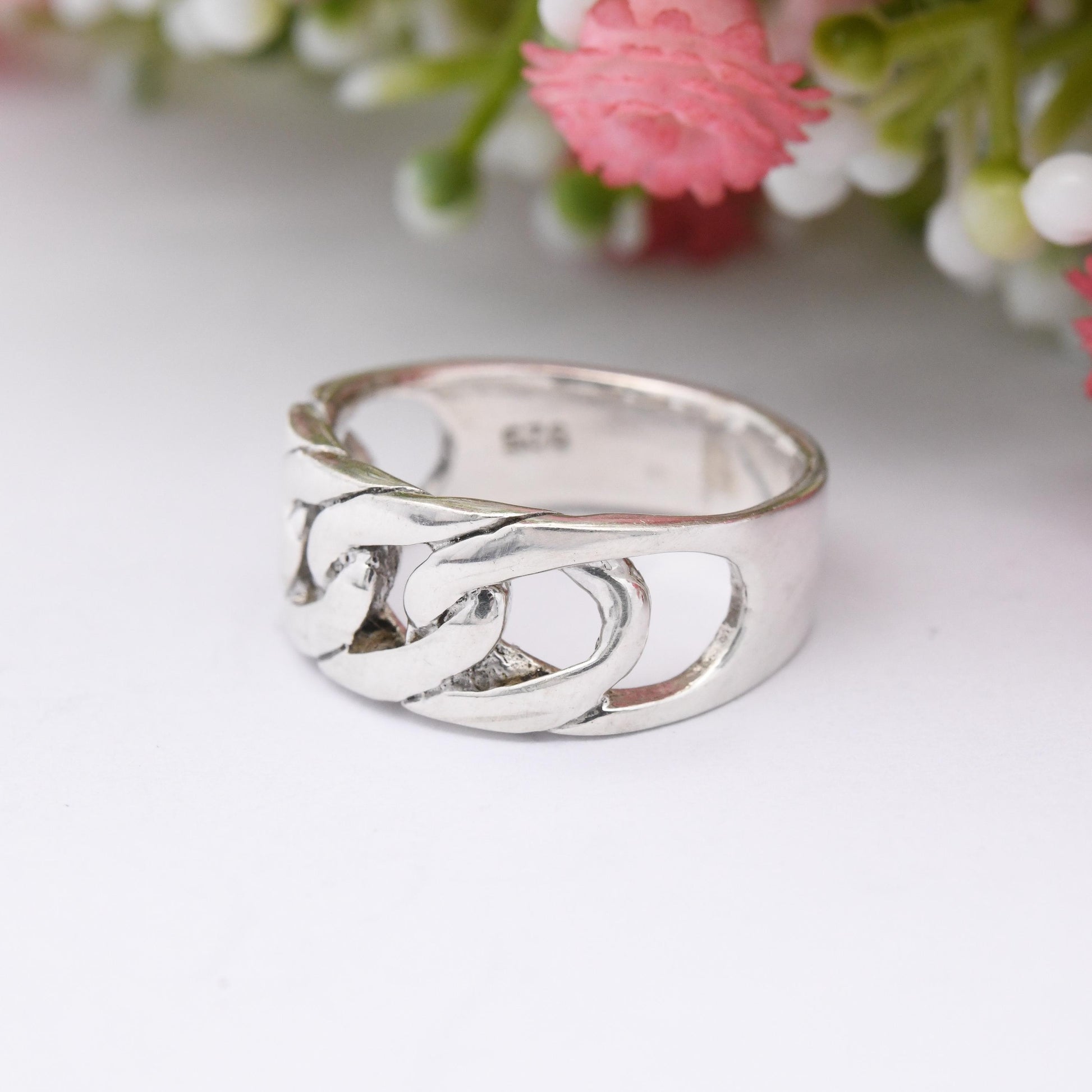 Vintage Sterling Silver Chain Band Ring - Openwork Curb Link Design Mid-Century Modernist Minimal Band Ring | UK Size - N | US Size - 6 1/2