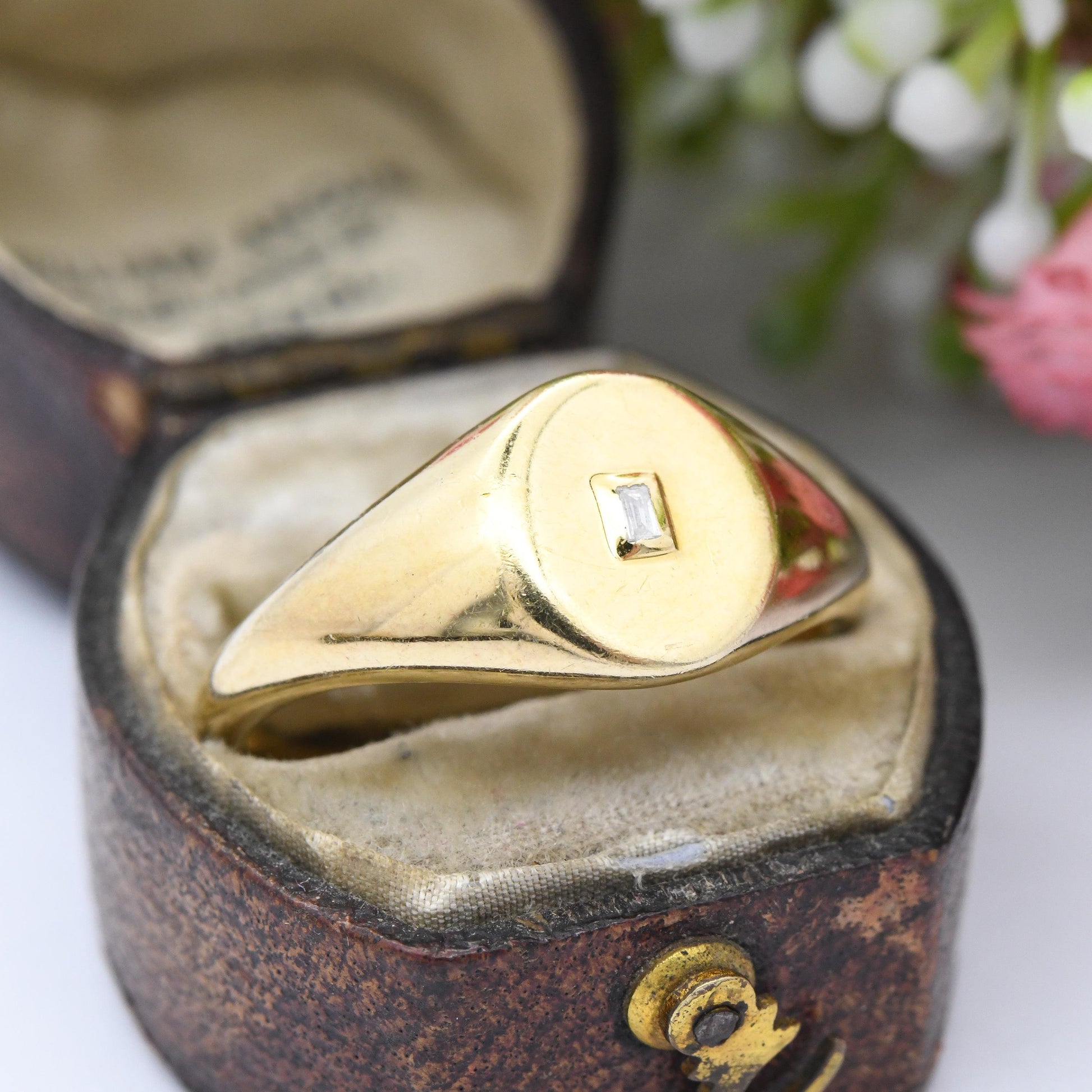 Gold Plated Sterling Silver Signet Ring with Clear Stone - Unisex Signet Gift Large Size Middle Finger | UK Size - U 1/2 | US Size - 10 1/4