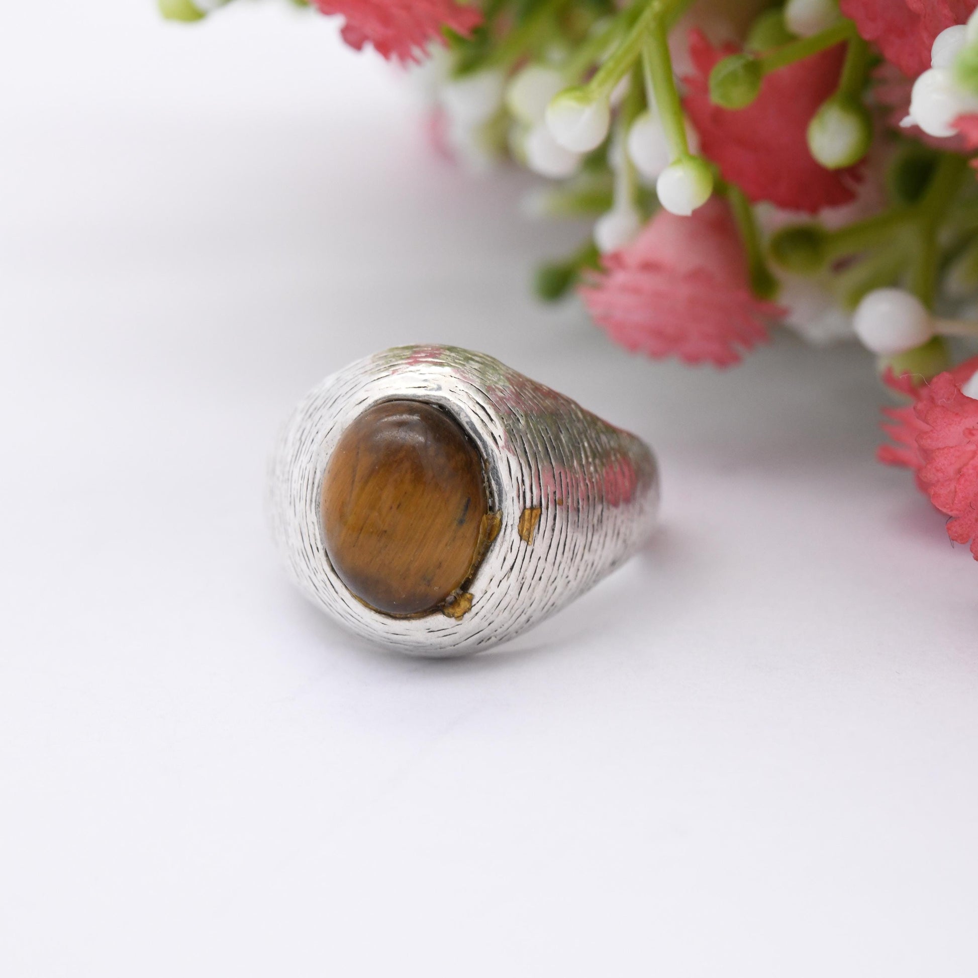 Vintage Sterling Silver Tiger's Eye Ring Mid-Century Modern Beehive Design - Chunky Unisex Adjustable Open Band | UK Size - M | US Size - 6