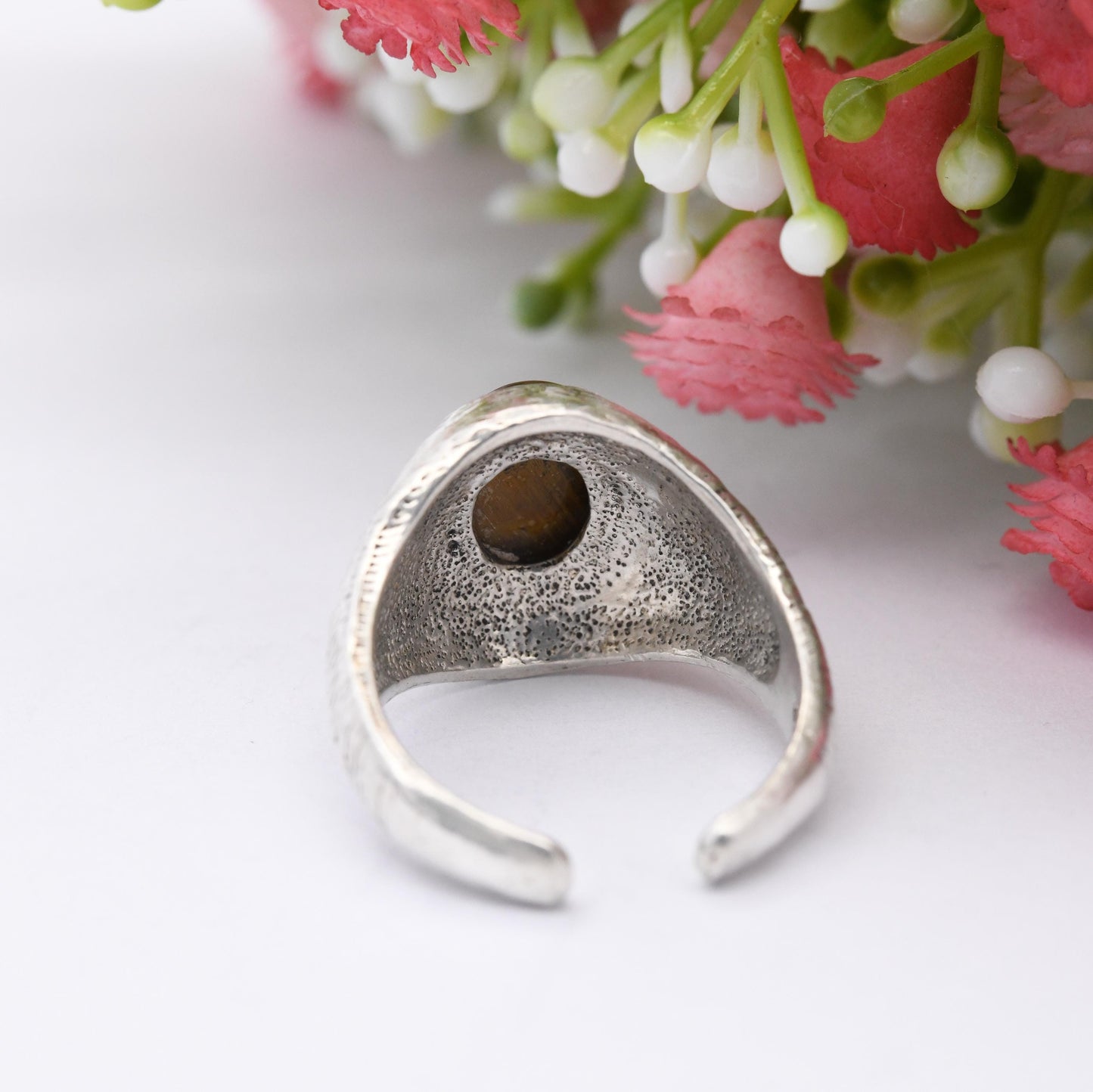 Vintage Sterling Silver Tiger's Eye Ring Mid-Century Modern Beehive Design - Chunky Unisex Adjustable Open Band | UK Size - M | US Size - 6