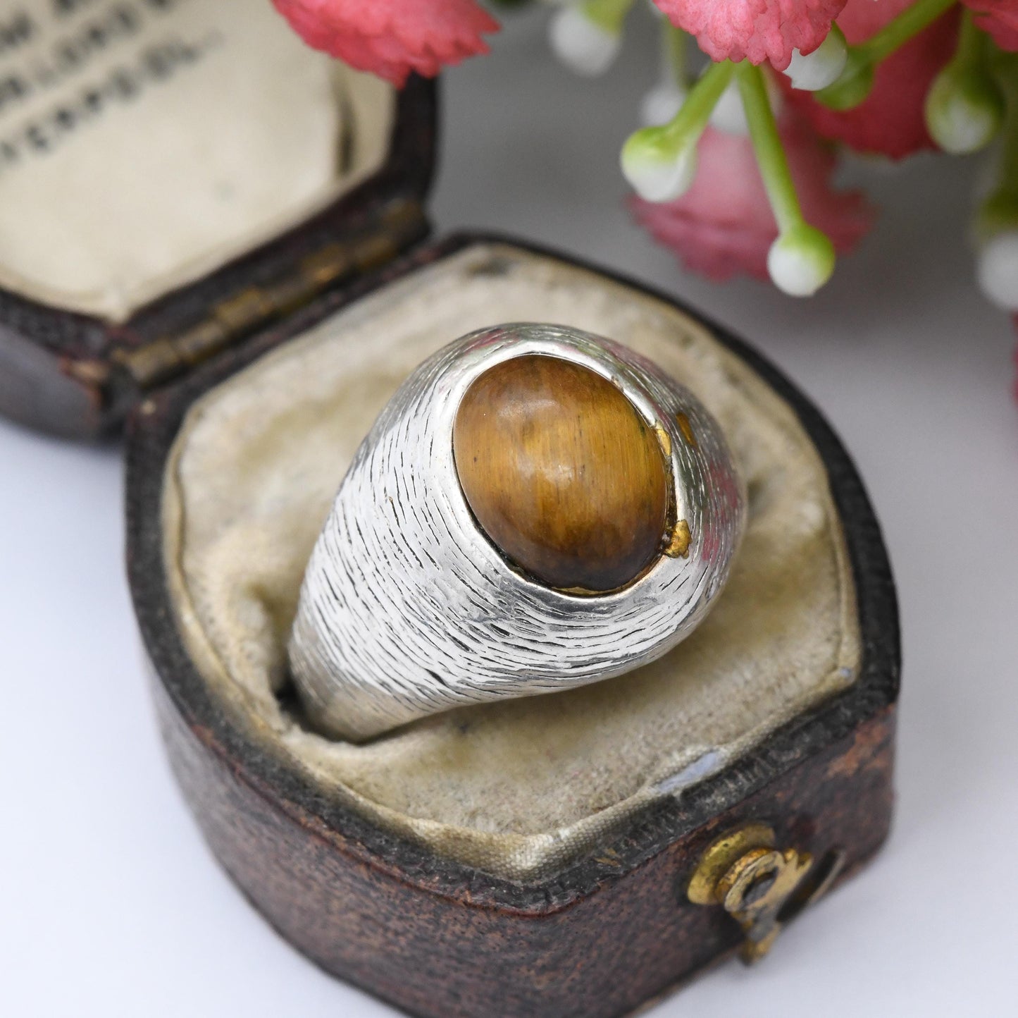 Vintage Sterling Silver Tiger's Eye Ring Mid-Century Modern Beehive Design - Chunky Unisex Adjustable Open Band | UK Size - M | US Size - 6