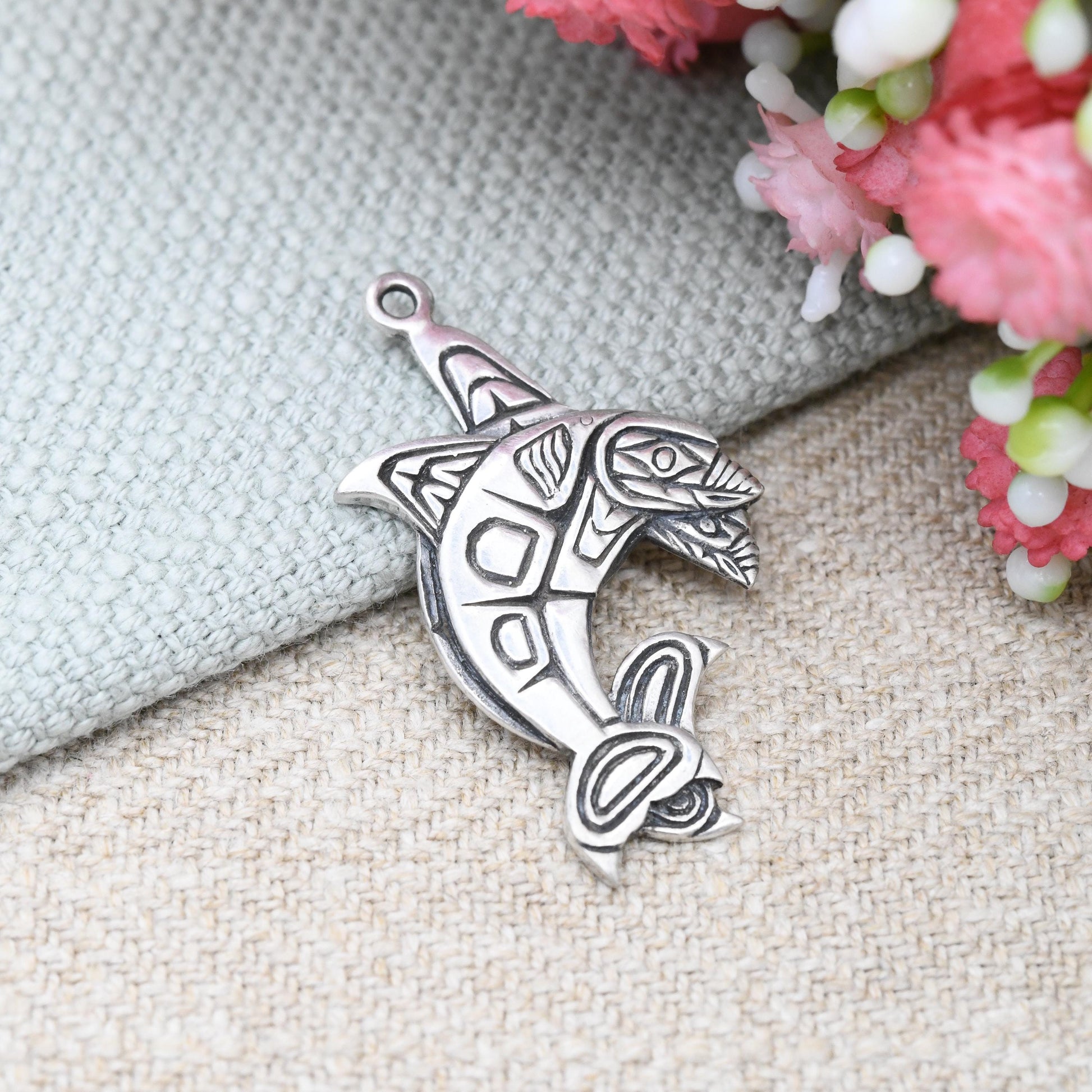 Vintage Richard Shorty Sterling Silver Orca Fish Pendant - Northern Tutchone First Nations Traditional Jewellery | Killer Whale Animal Yukon