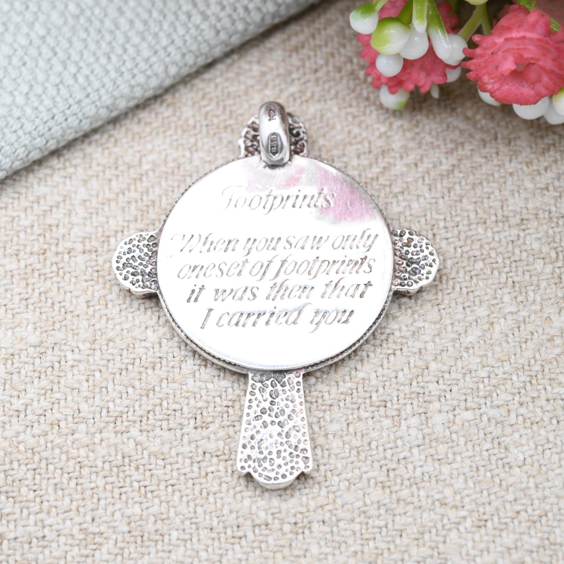 Vintage Sterling Silver Cross Footprints Pendant Brooks & Bentley - When You Saw One Set of Footprints in the Sand Christian Poem Quote Gift