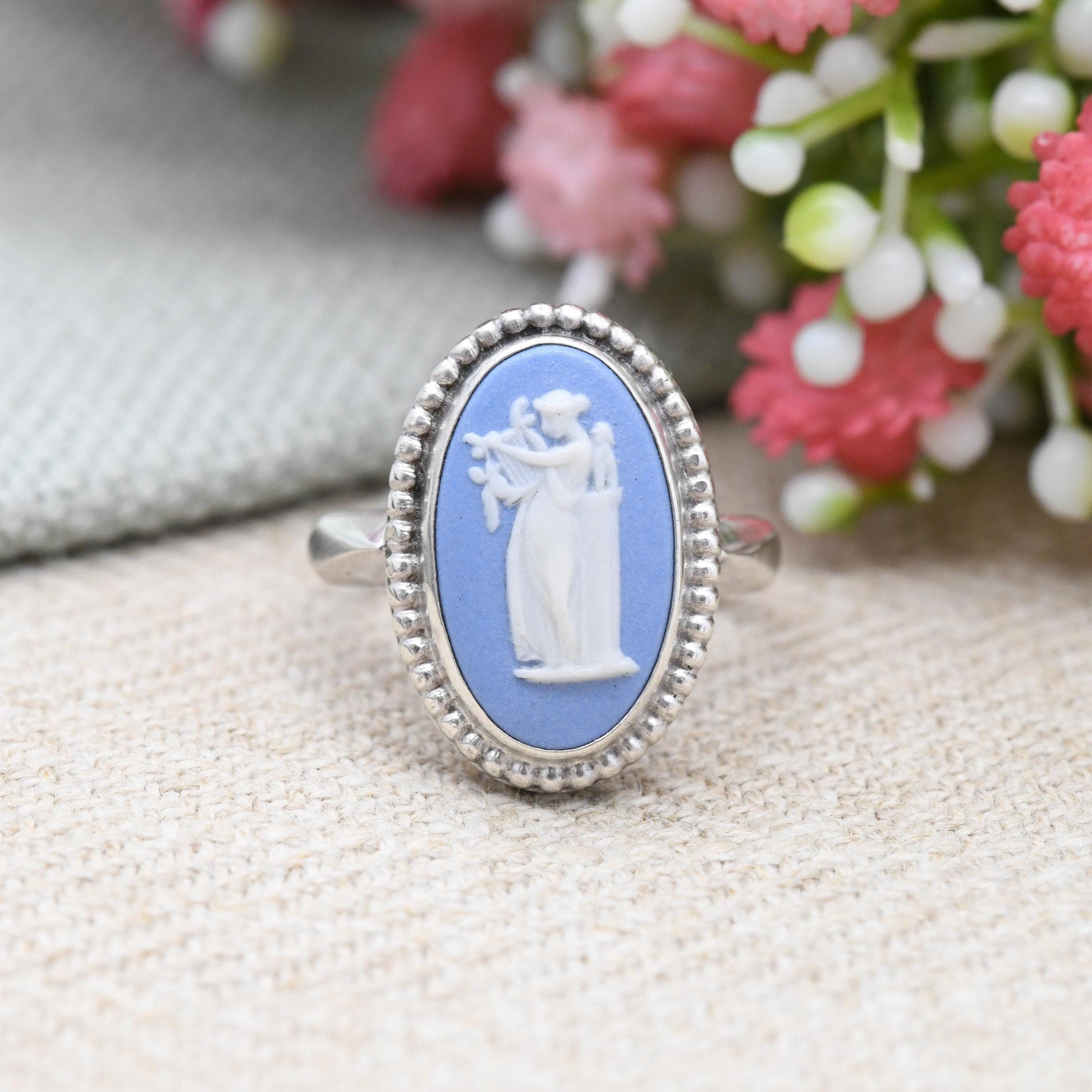 Vintage Wedgwood Sterling Silver Blue Jasperware Cameo Ring Terpsichore with Lyre - Greek Muse of Dance Column | UK Size - M | US Size - 6