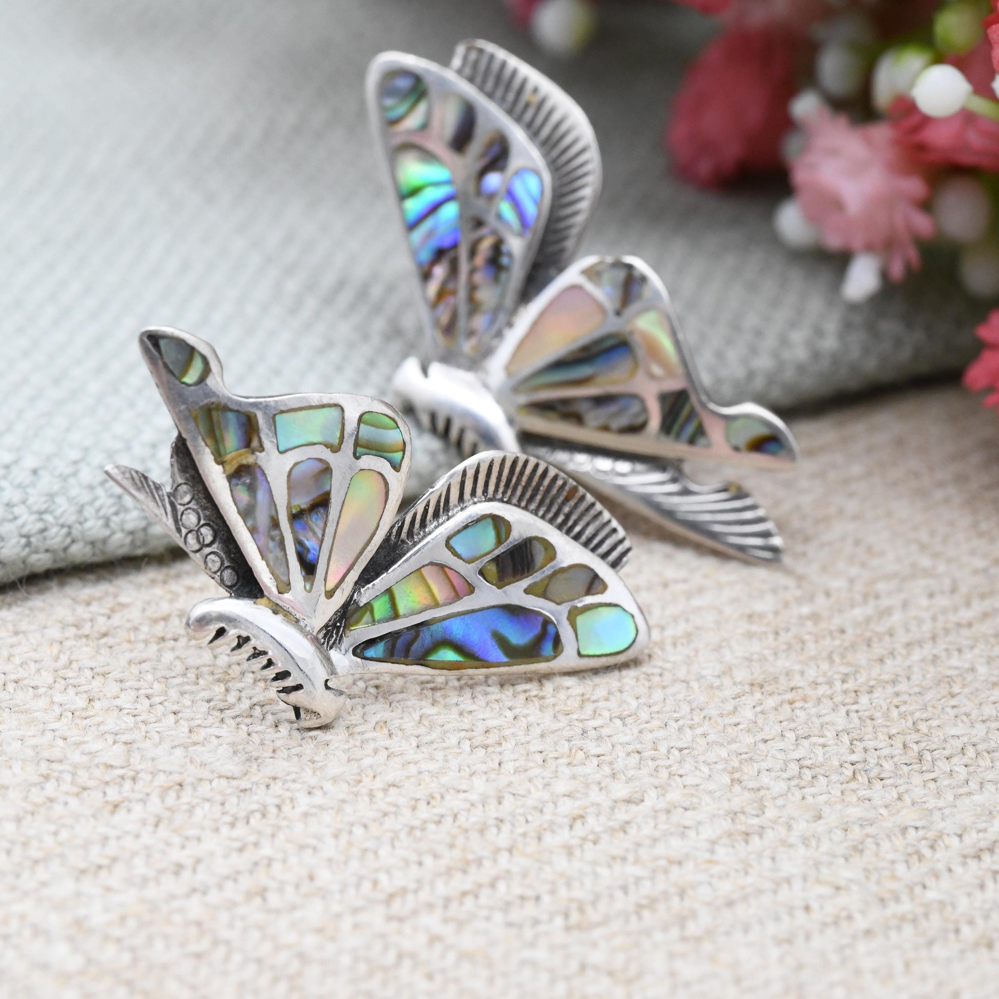 Vintage Sterling Silver Butterfly Earrings Abalone Shell - Large Pair | Blue Paua Shell | Statement Stud Earrings | Winged Flying Insect