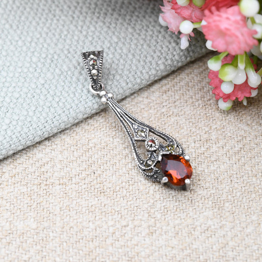 Vintage Sterling Silver Garnet Marcasite Pendant - Pretty Ornate Design | Long Drop | Beautiful Gift for Her