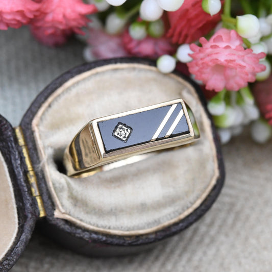 Vintage 9ct Gold Onyx Diamond Signet Ring 1989 with Gold Stripes - Unisex Gift for Boyfriend | Large UK Size - U | US Size - 10