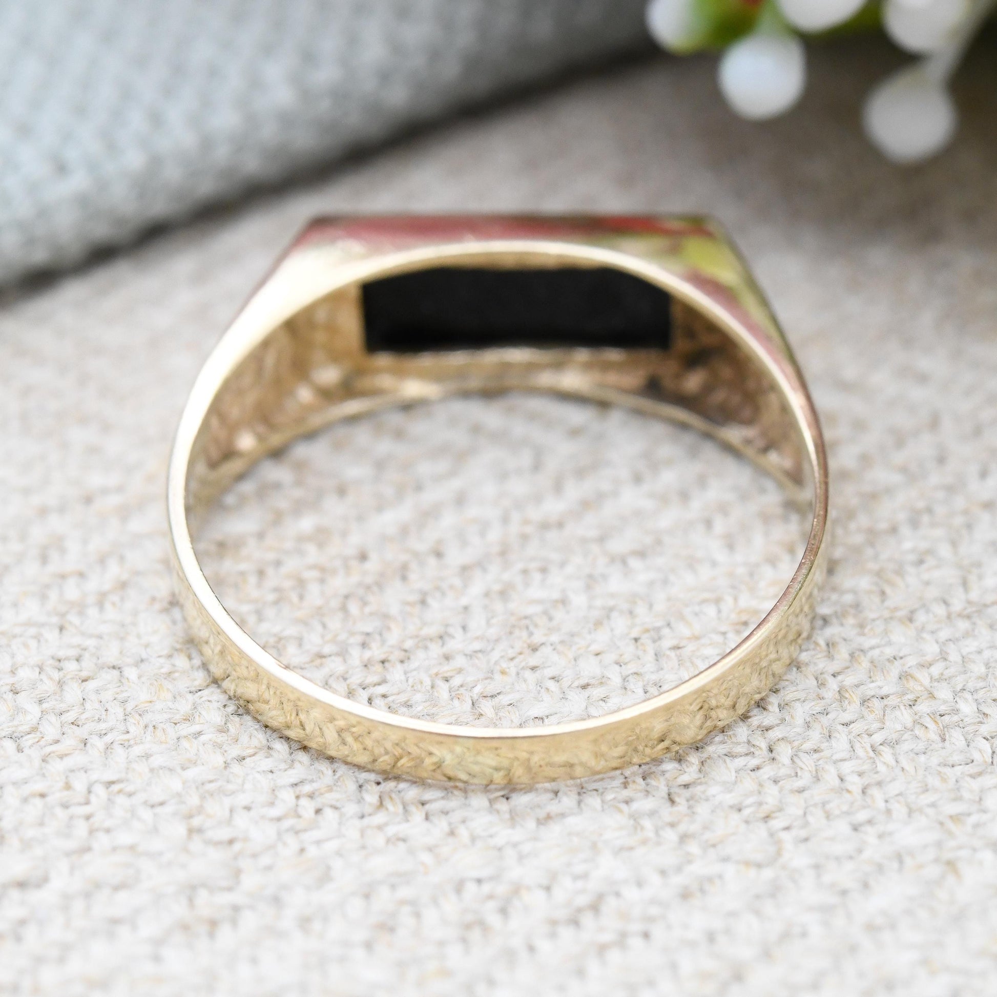 Vintage 9ct Gold Onyx Diamond Signet Ring 1989 with Gold Stripes - Unisex Gift for Boyfriend | Large UK Size - U | US Size - 10