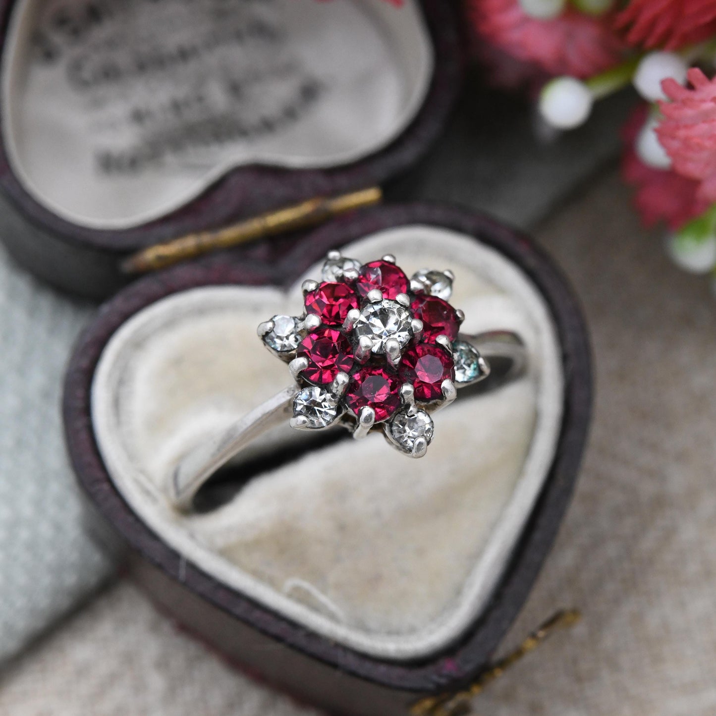 Vintage Sterling Silver Cluster Flower Ring with Pink and Clear Stones - Statement Floral Cocktail Ring | UK Size - Q 1/2 | US Size - 8 1/2