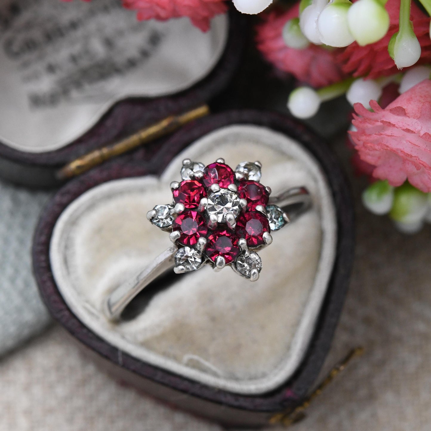 Vintage Sterling Silver Cluster Flower Ring with Pink and Clear Stones - Statement Floral Cocktail Ring | UK Size - Q 1/2 | US Size - 8 1/2