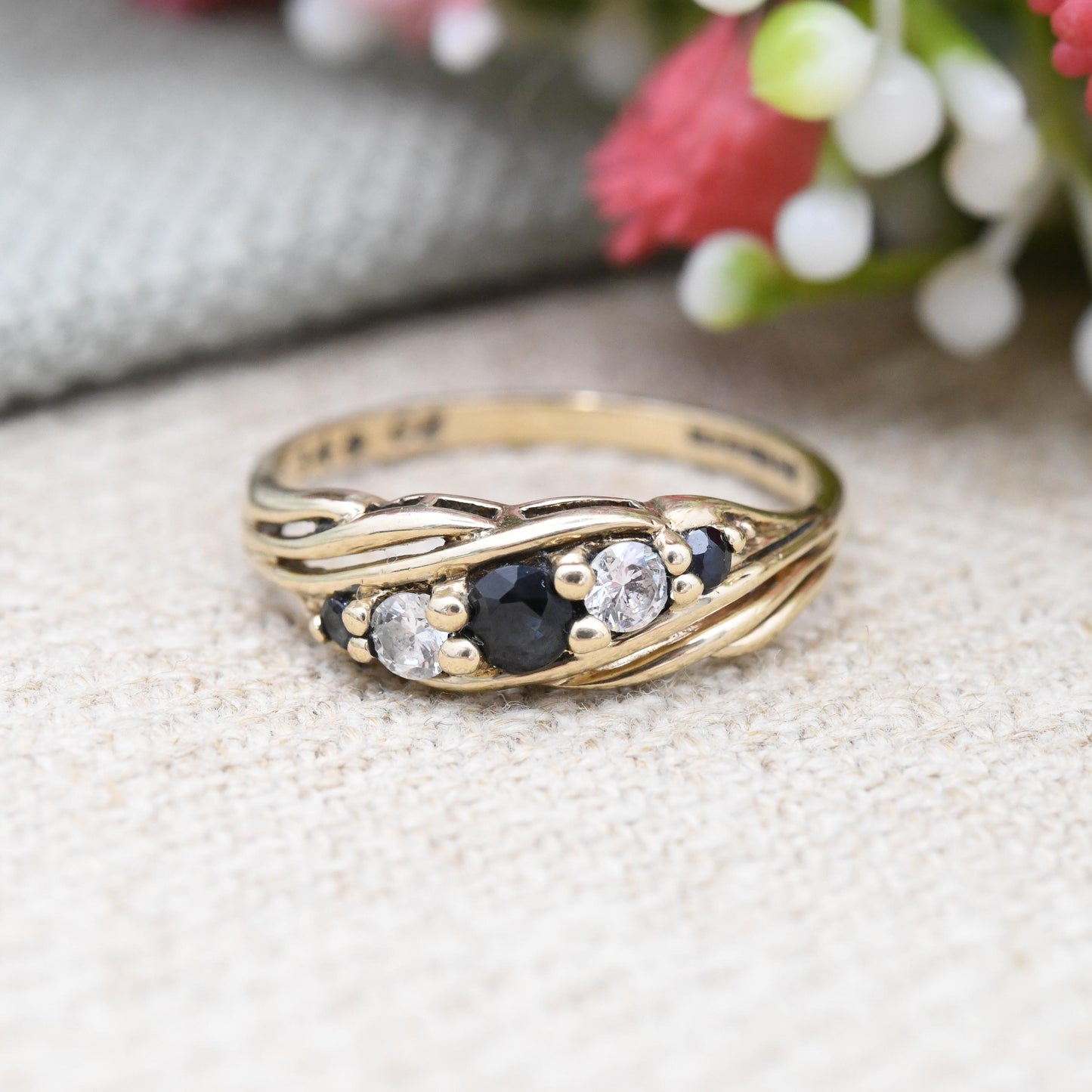 Vintage 9ct Gold Sapphire and CZ Five Stone Twist Ring 1991 - Graduating Stones Placeholder Engagement Ring | UK Size - K | US Size - 5 1/4