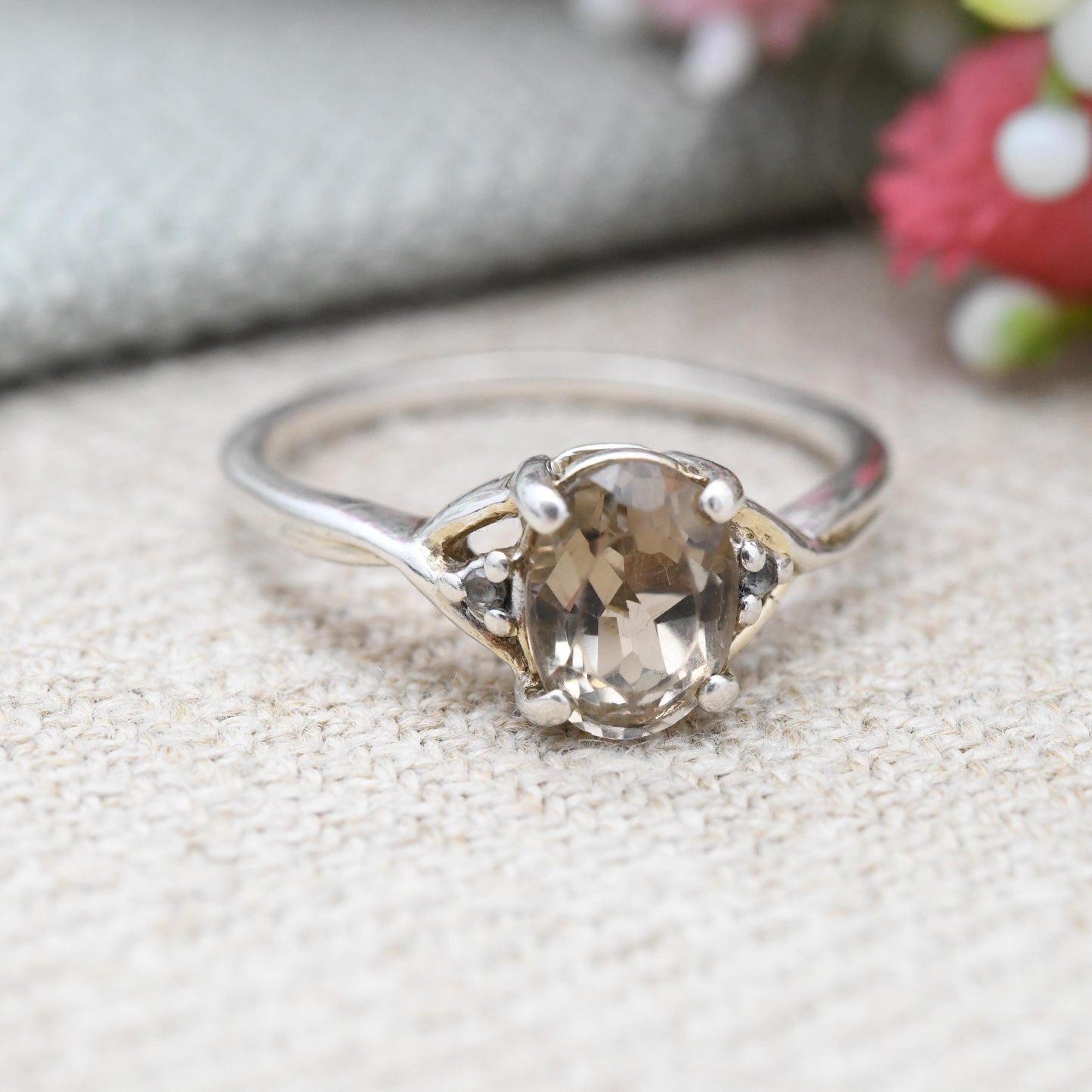 Vintage Sterling Silver Smoky Quartz Solitaire Ring with Clear Side Stone - Brown Gemstone Delicate Design | UK Size - N 1/2 | US Size - 7