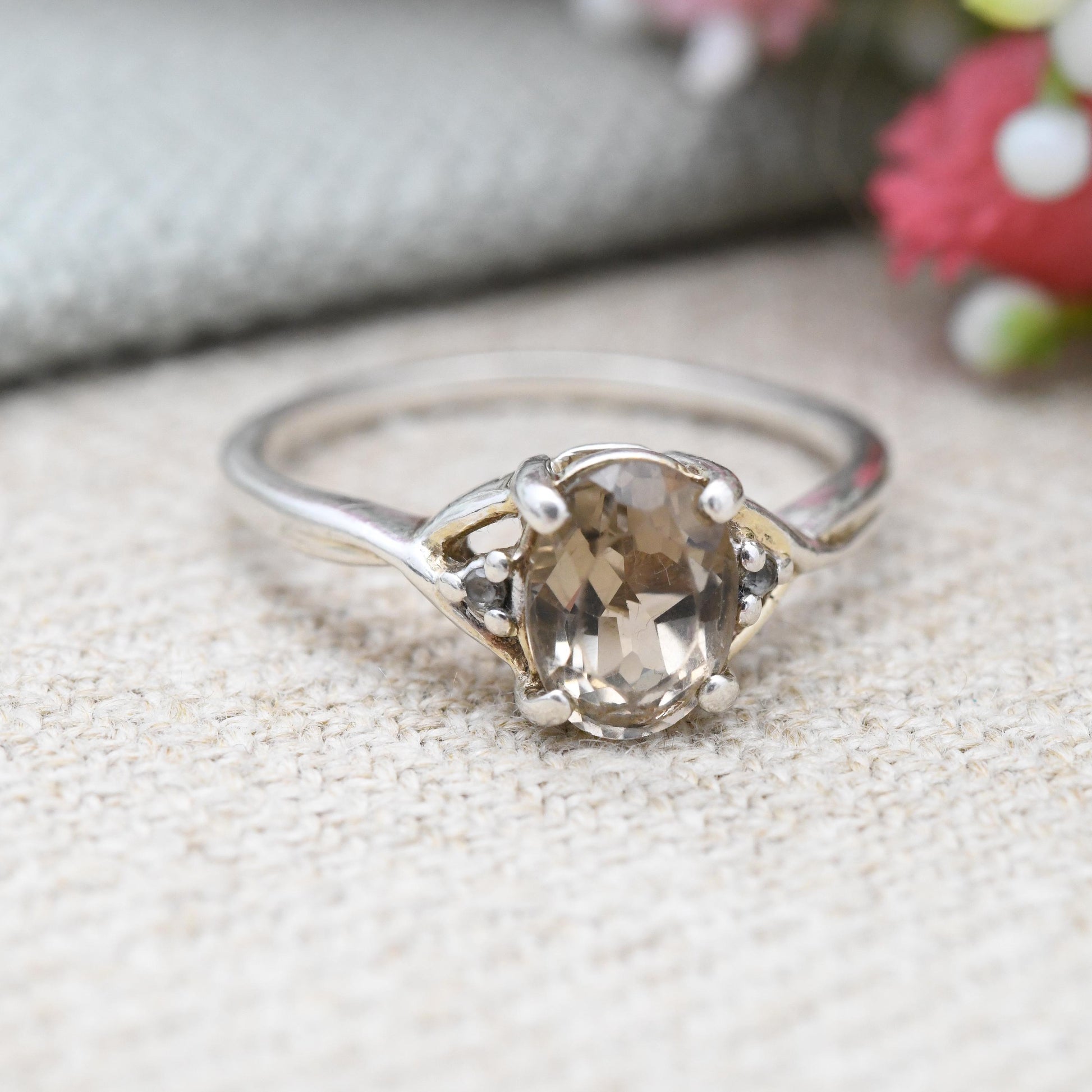 Vintage Sterling Silver Smoky Quartz Solitaire Ring with Clear Side Stone - Brown Gemstone Delicate Design | UK Size - N 1/2 | US Size - 7