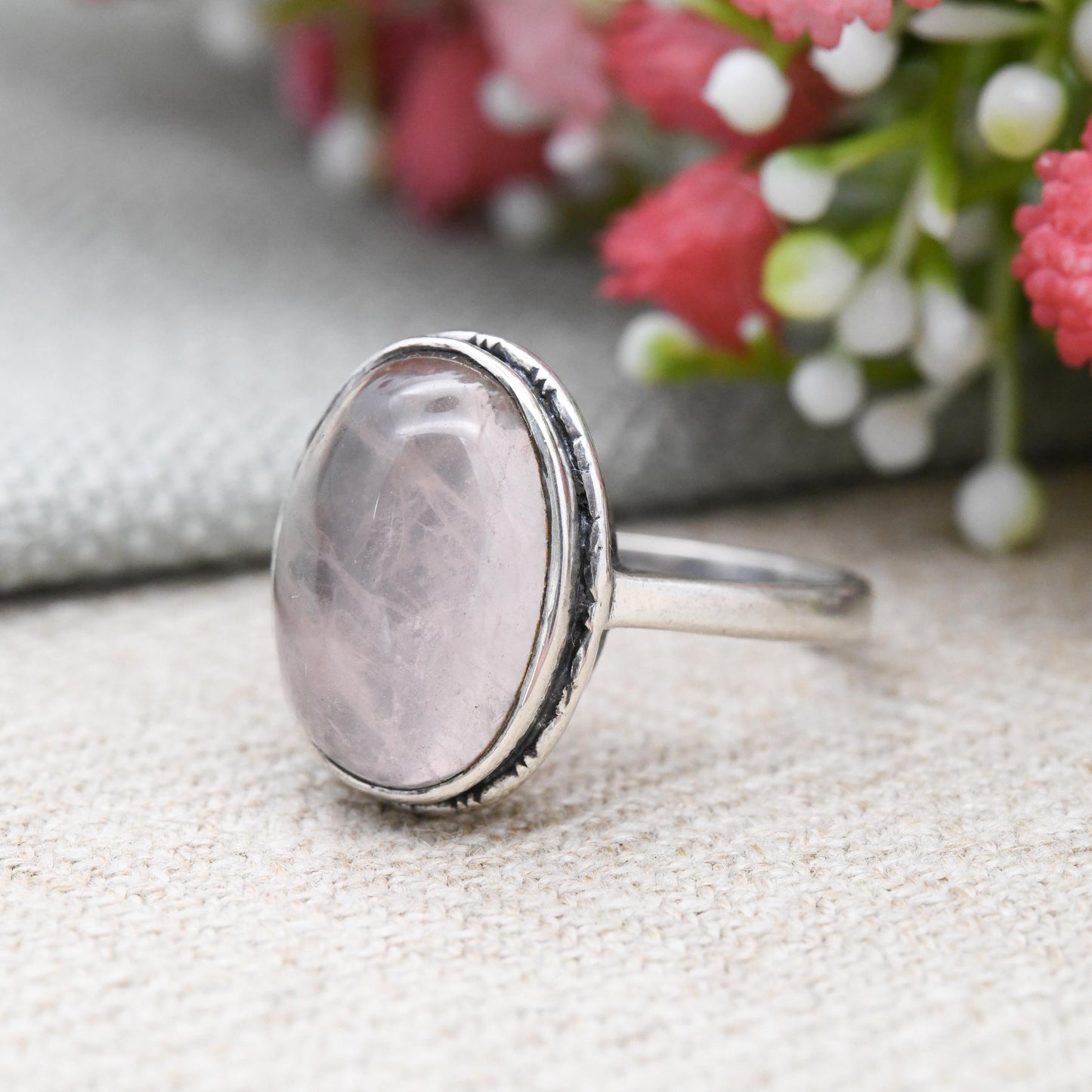 Vintage Sterling Silver Rose Quartz Ring - True Vintage | Large Cabochon Oval Stone | Pretty Baby Pink Gemstone | UK Size - O | US Size - 7