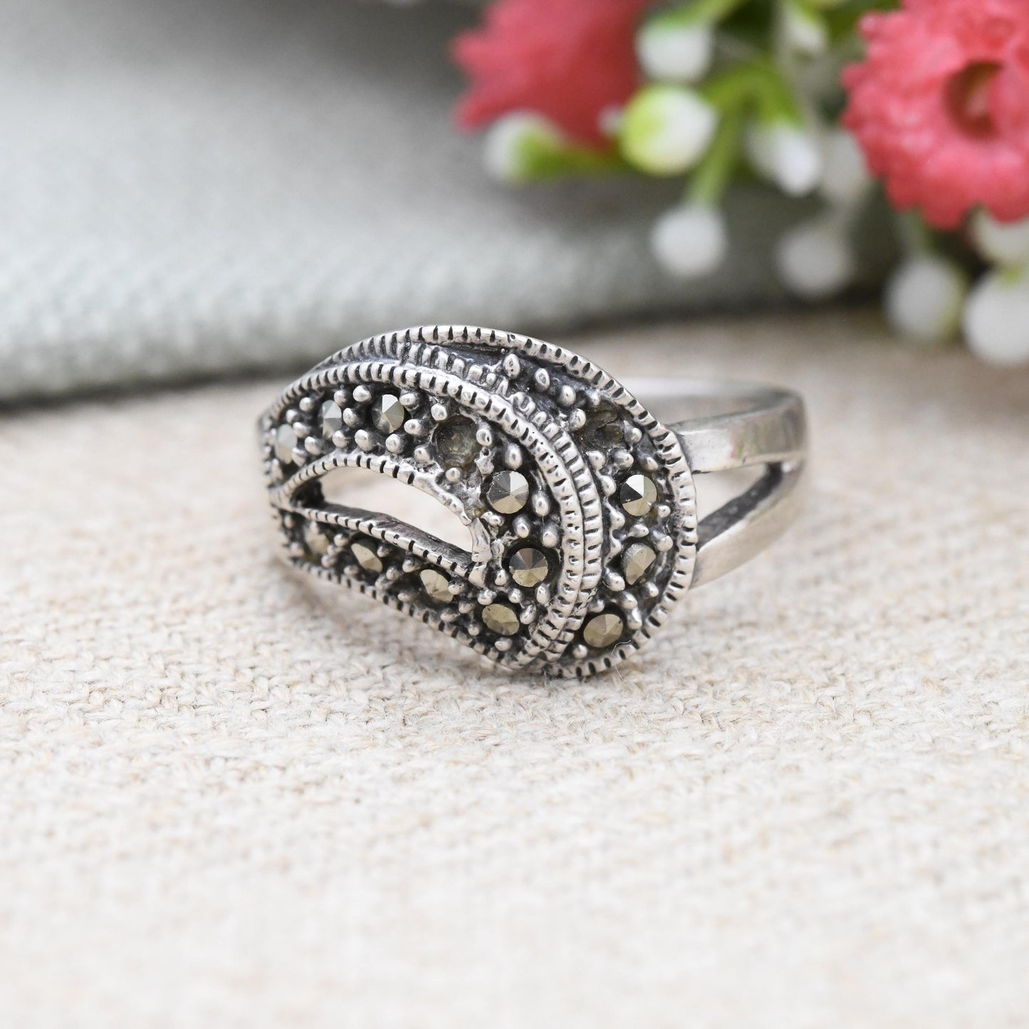 Sterling Silver Marcasite Ring Swirl Wave Design - Statement Cocktail | Wishbone Shape | UK Size - R | US Size - 8 3/4