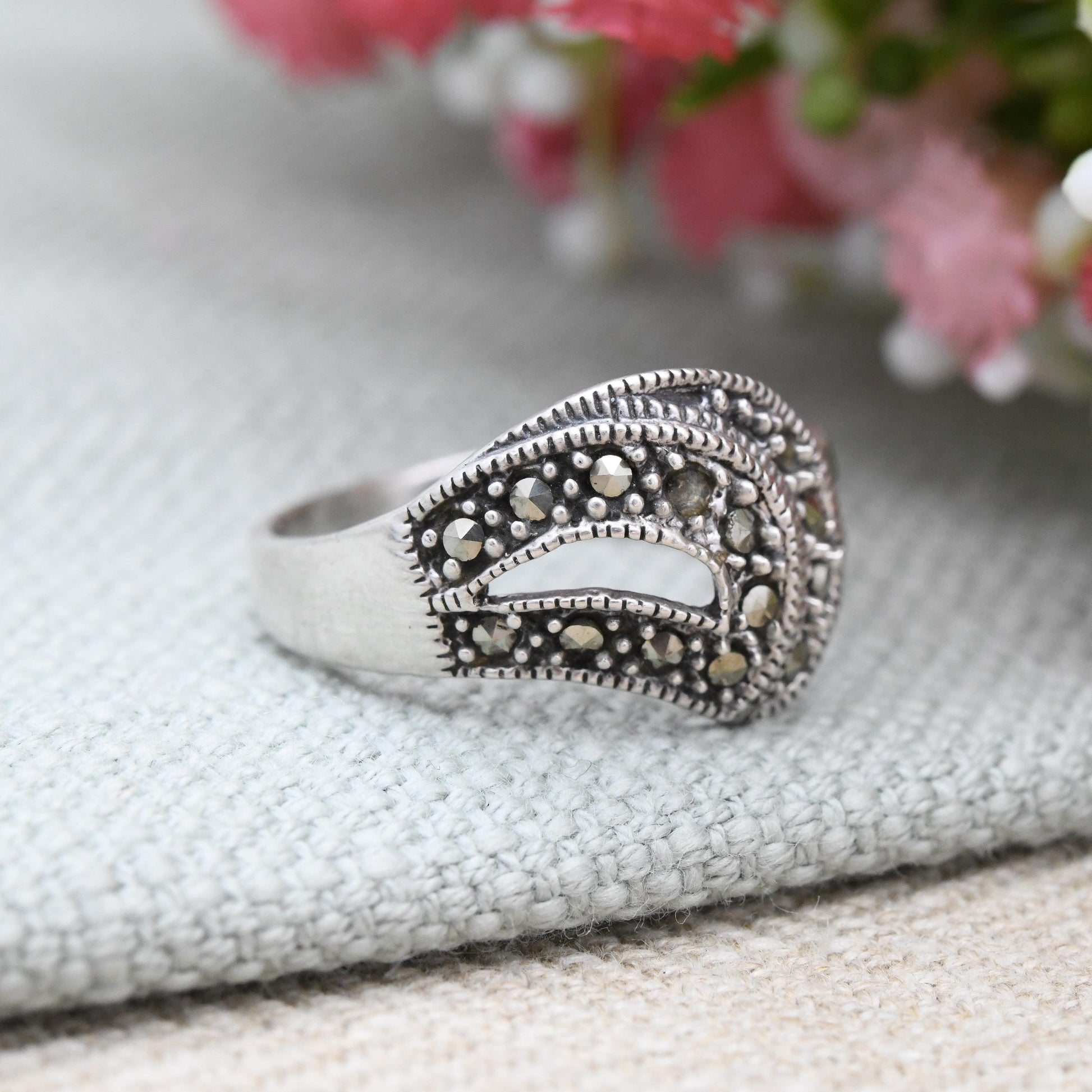 Sterling Silver Marcasite Ring Swirl Wave Design - Statement Cocktail | Wishbone Shape | UK Size - R | US Size - 8 3/4