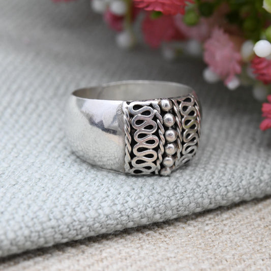 Vintage Sterling Silver Wirework Cannetille Band Ring - Chunky Mid-Century Silver Jewellery | UK Size - O 1/2 | US Size - 7 1/2