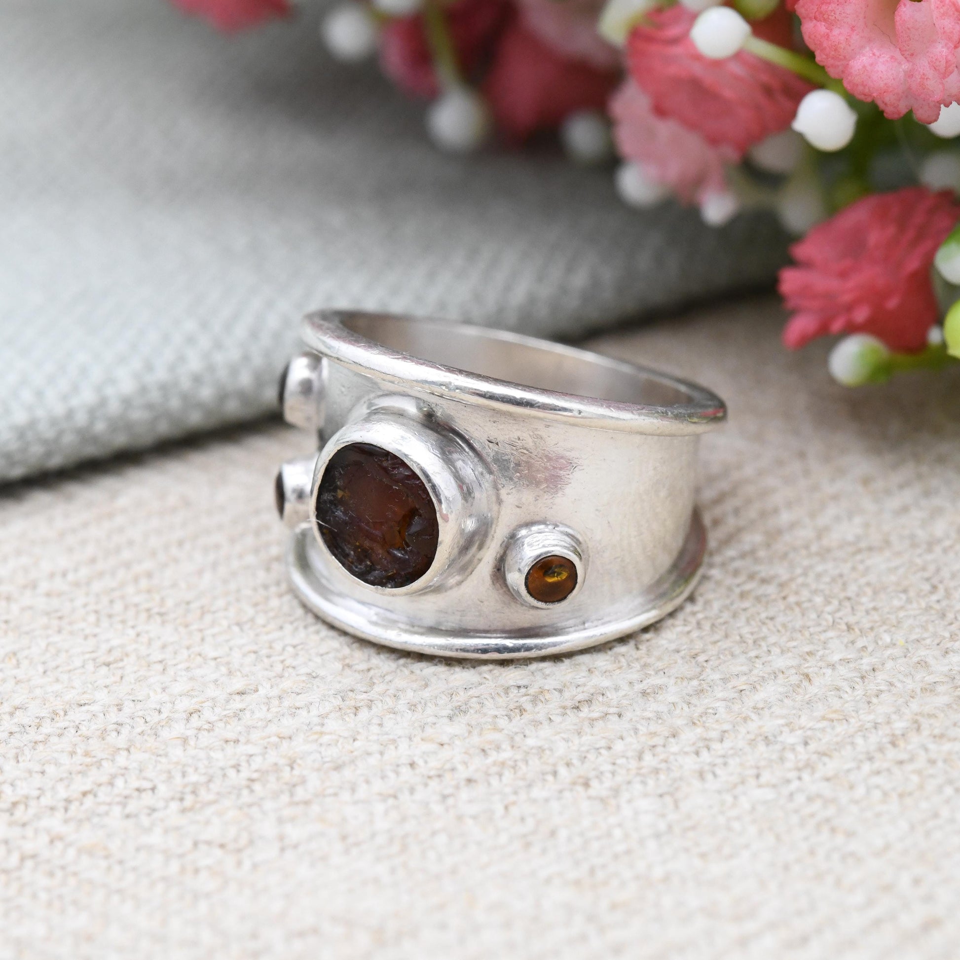 Vintage Sterling Silver Amber Ring Chunky Multi Gemstone Band - Wide Band Ring Mid-Century Modern Style | UK Size - P | US Size - 7 3/4