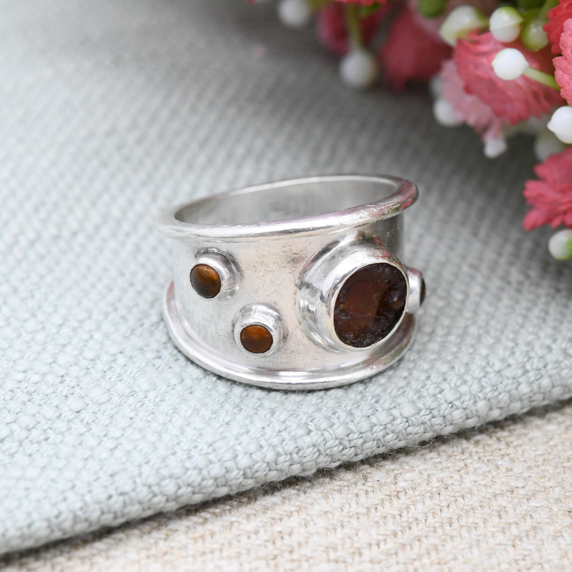 Vintage Sterling Silver Amber Ring Chunky Multi Gemstone Band - Wide Band Ring Mid-Century Modern Style | UK Size - P | US Size - 7 3/4