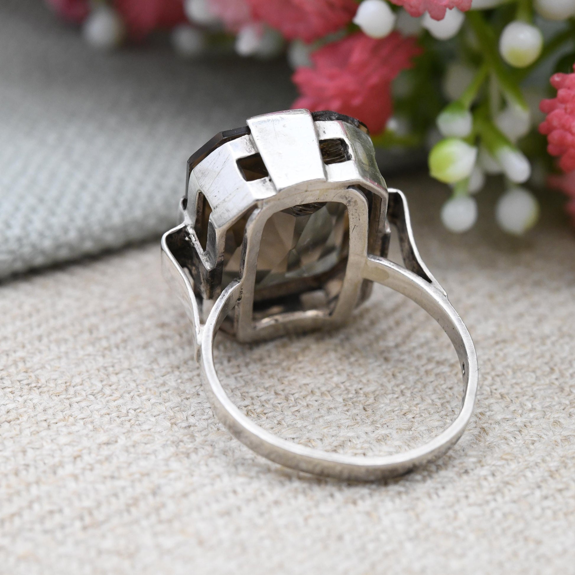 Vintage Sterling Silver Smoky Quartz Ring A925 - True Vintage Mid-Century Faceted Brown Gemstone Solitaire | UK Size - P 1/2 US Size - 8