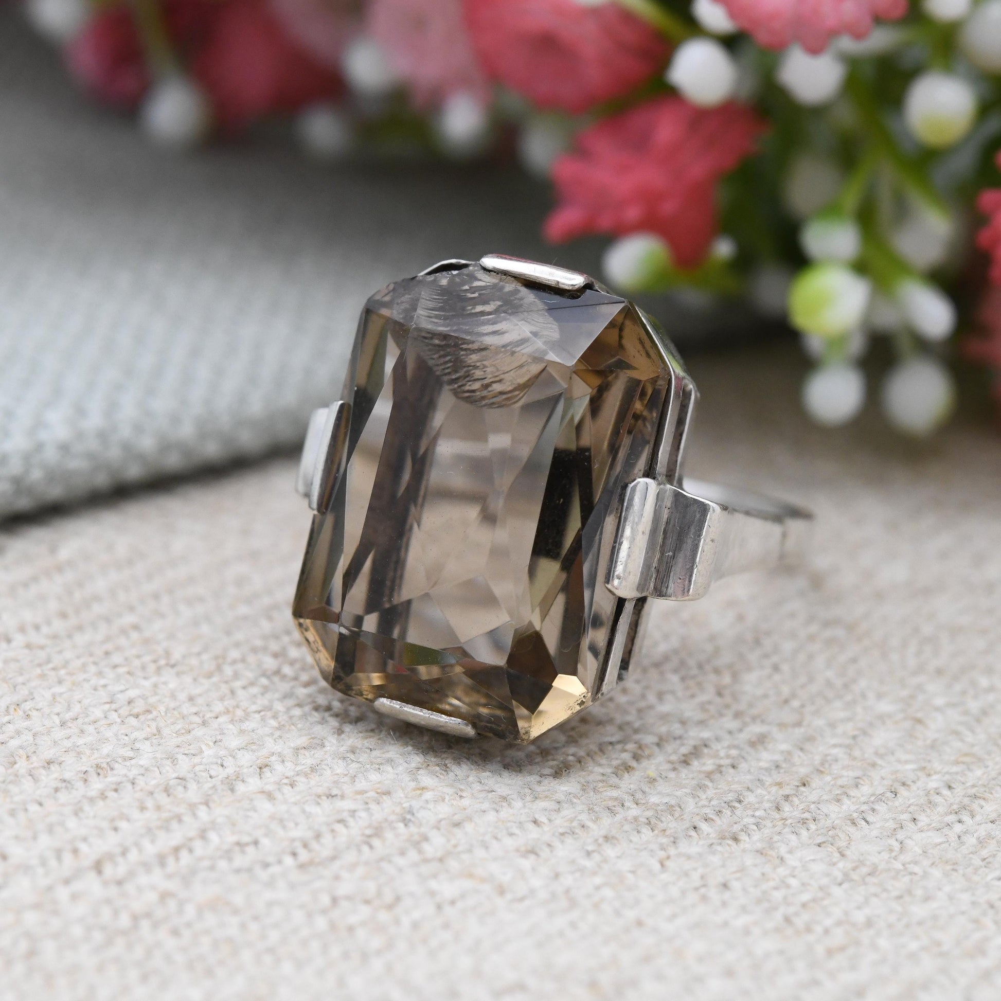 Vintage Sterling Silver Smoky Quartz Ring A925 - True Vintage Mid-Century Faceted Brown Gemstone Solitaire | UK Size - P 1/2 US Size - 8