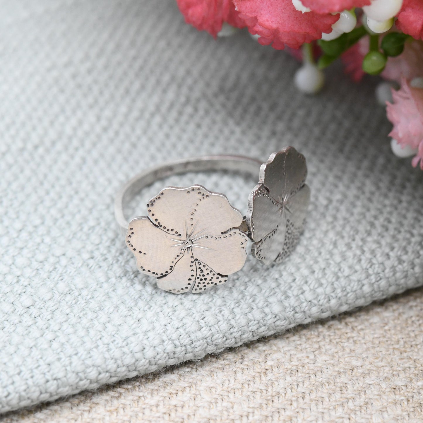 Vintage Sterling Silver Flower Ring 1974 - Two Flowers Sculptural Floral | Mid-Century Formed Solid Silver | UK Size - P | US Size - 7 1/2