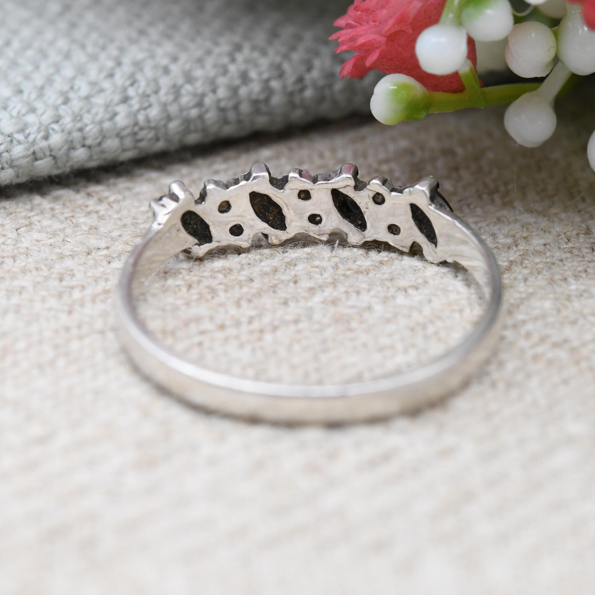 Vintage Sterling Silver Sapphire and Clear Stone Ring - Marquise Cut Design 1970s 1980s Pretty Gift for Her | UK Size - R | US Size - 8 1/2