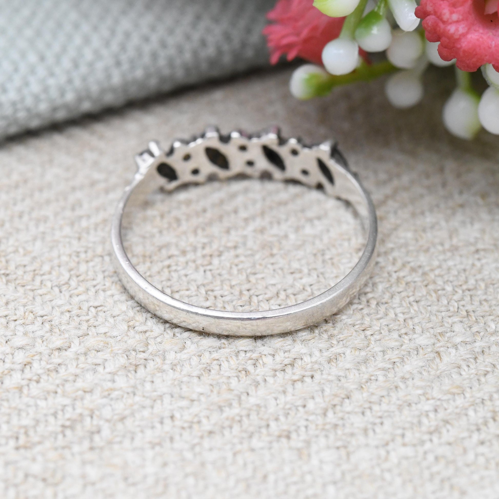 Vintage Sterling Silver Sapphire and Clear Stone Ring - Marquise Cut Design 1970s 1980s Pretty Gift for Her | UK Size - R | US Size - 8 1/2