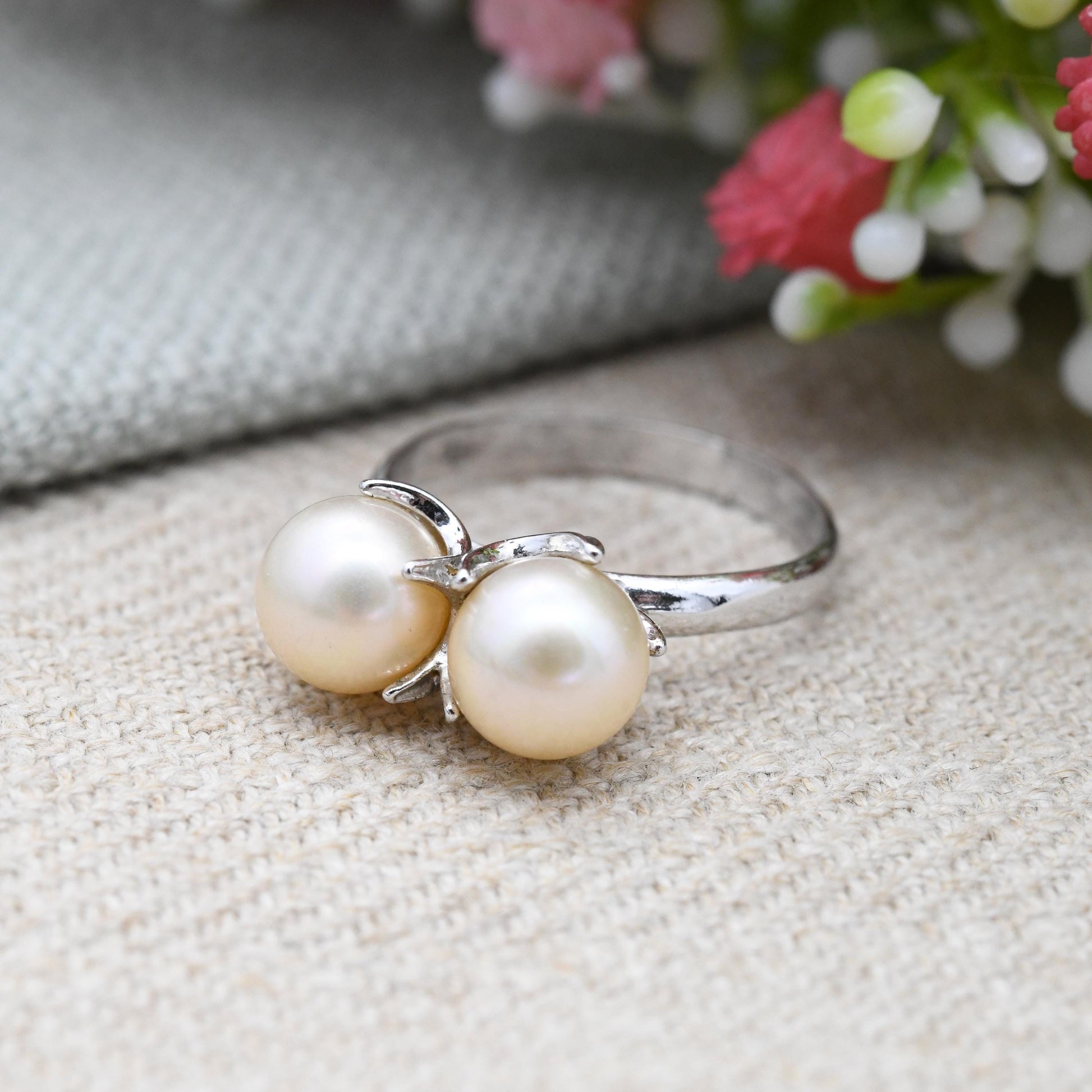 Vintage European Silver Faux Pearl Ring Toi et Moi Style - Large Double Pearls | UK Size - M 1/2 | US Size - 6 1/2