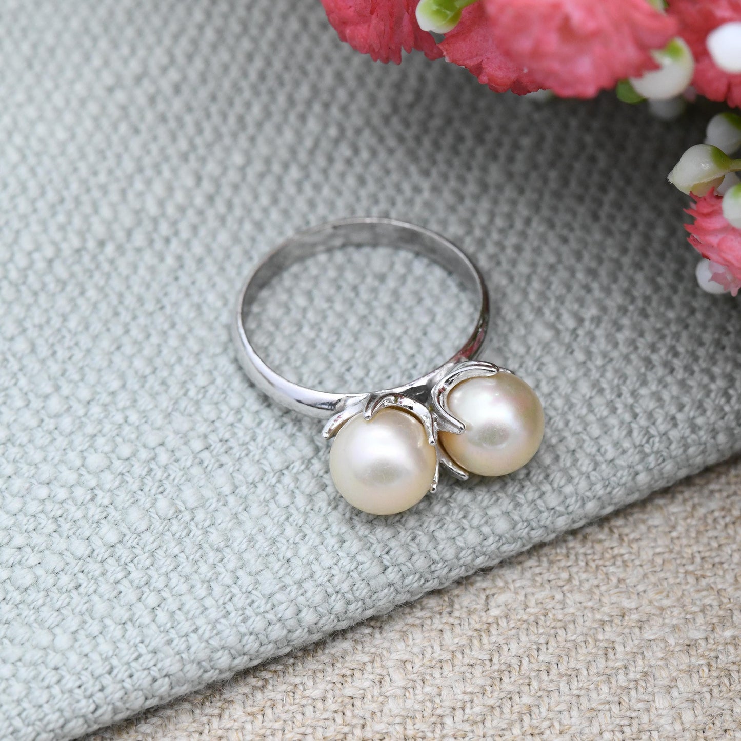 Vintage European Silver Faux Pearl Ring Toi et Moi Style - Large Double Pearls | UK Size - M 1/2 | US Size - 6 1/2