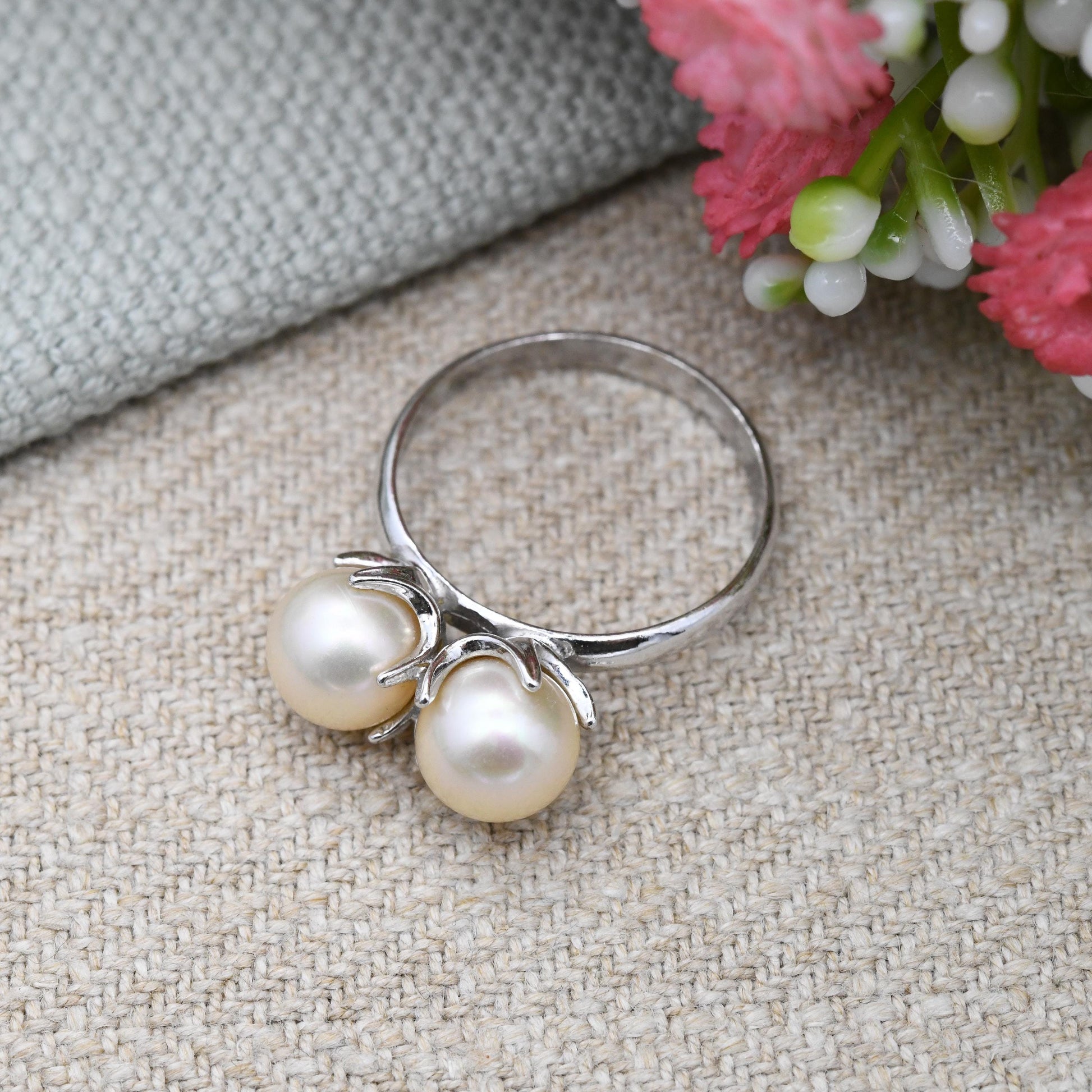 Vintage European Silver Faux Pearl Ring Toi et Moi Style - Large Double Pearls | UK Size - M 1/2 | US Size - 6 1/2