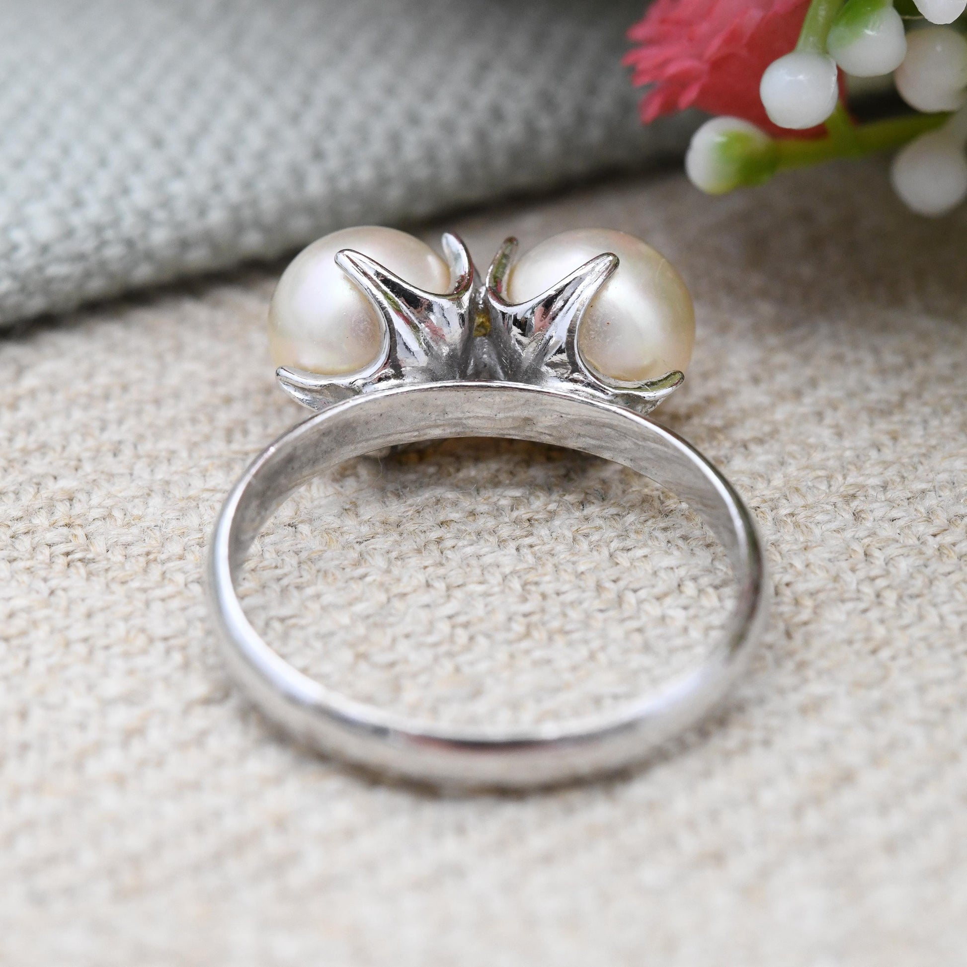 Vintage European Silver Faux Pearl Ring Toi et Moi Style - Large Double Pearls | UK Size - M 1/2 | US Size - 6 1/2