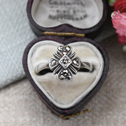 Vintage Sterling Silver Marcasite Ring Love Heart Design - True Vintage Art Deco Style | Statement Cocktail | UK Size - N | US Size - 6 3/4