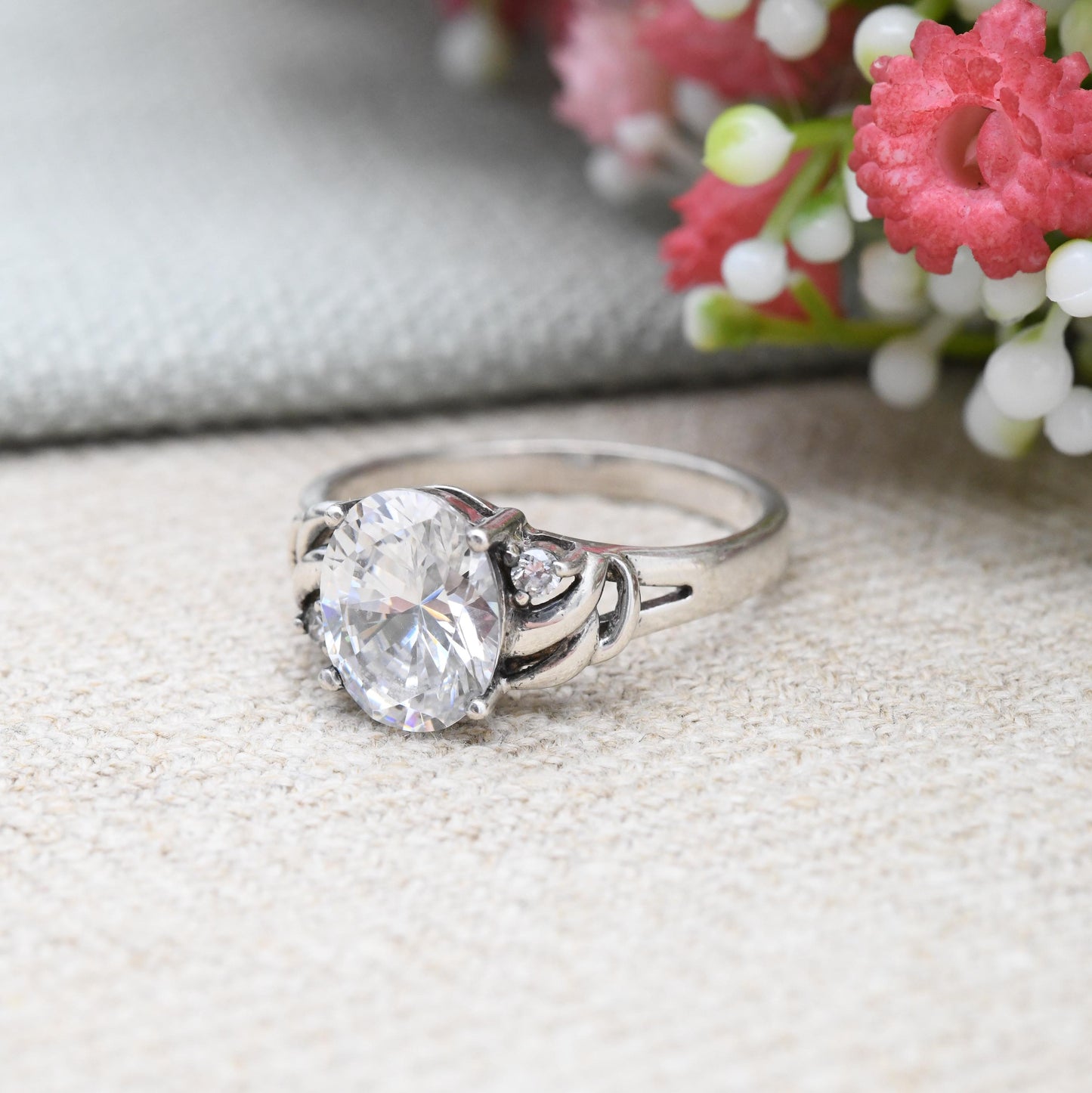 Sterling Silver Cubic Zirconia Ring Diamonique - Large White Stone CZ Statement Ring Y2K | Pretty Swirl Setting | UK Size - S | US Size - 9