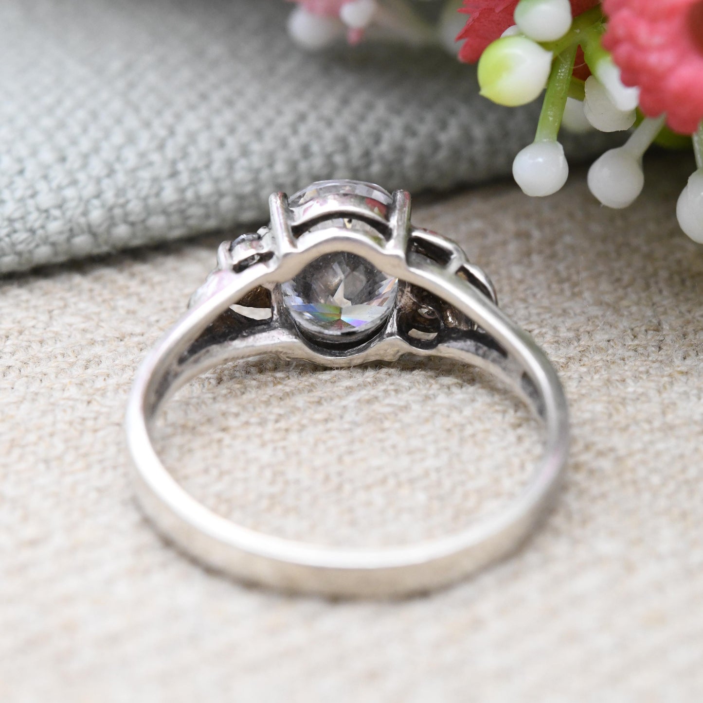 Sterling Silver Cubic Zirconia Ring Diamonique - Large White Stone CZ Statement Ring Y2K | Pretty Swirl Setting | UK Size - S | US Size - 9