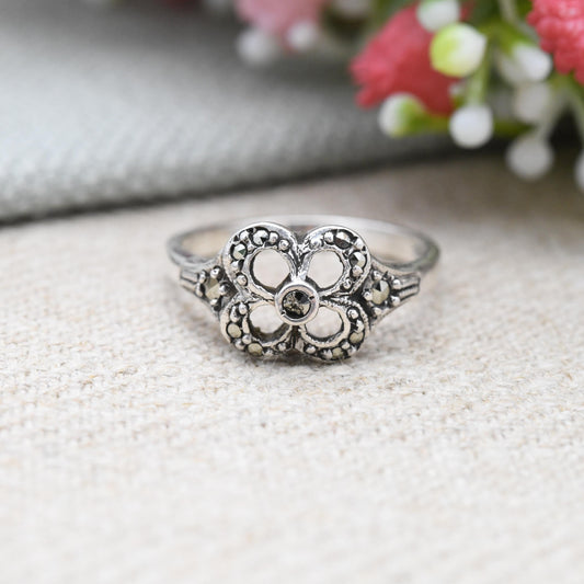 Vintage Silver Marcasite Flower Ring - Openwork Design | Pretty Everyday Silver Jewellery Gift | UK Size - L | US Size - 5 3/4