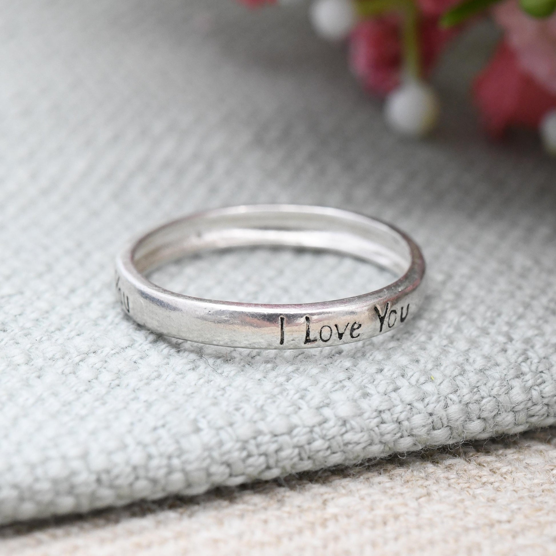 Vintage Sterling Silver I Love You Band Ring - Minimal Stacking Ring | Sentimental Unisex Jewellery | UK Size - L | US Size - 5 3/4