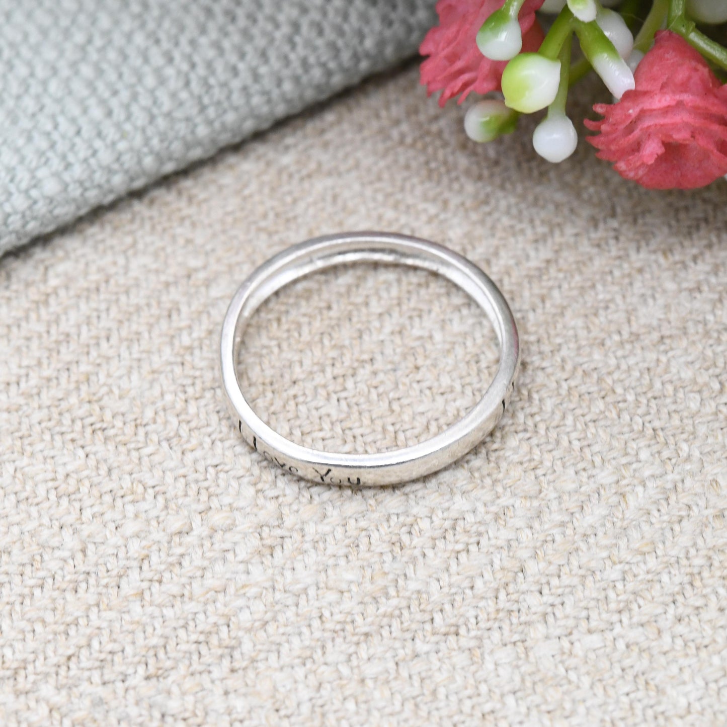 Vintage Sterling Silver I Love You Band Ring - Minimal Stacking Ring | Sentimental Unisex Jewellery | UK Size - L | US Size - 5 3/4