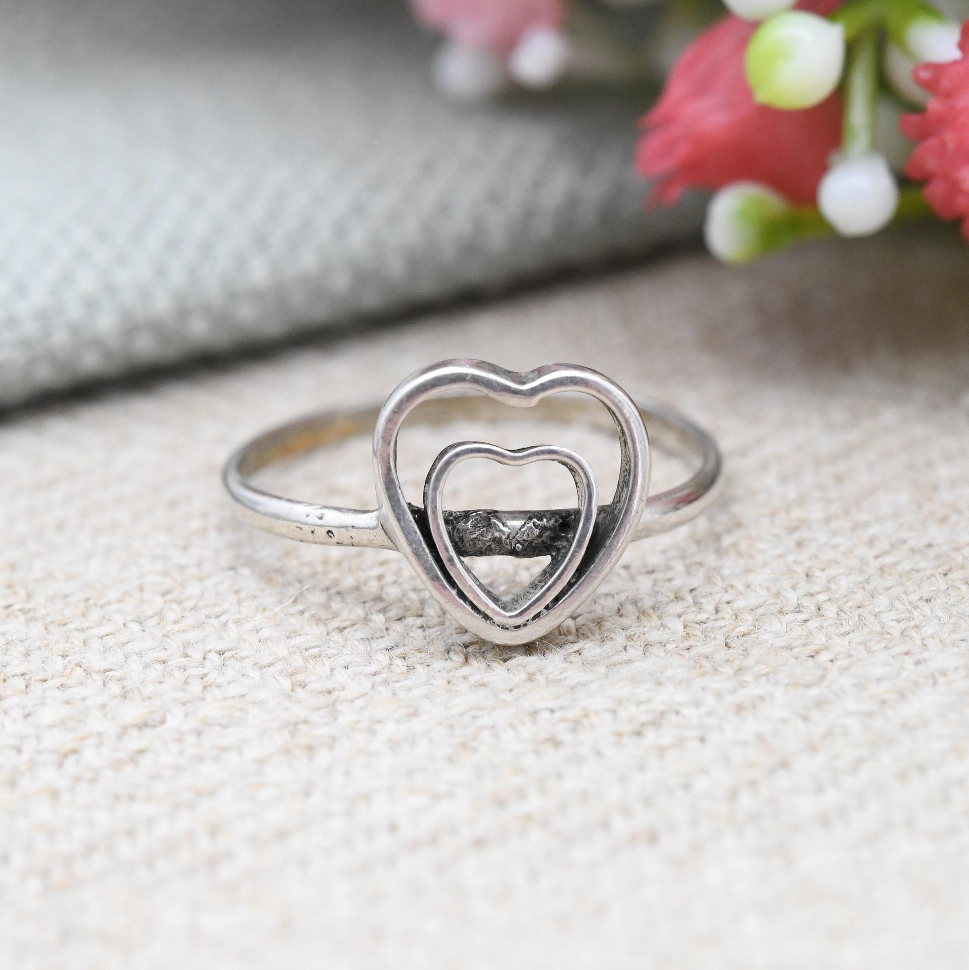 Vintage Silver Double Heart Ring - Minimal Silver Love Heart Jewellery | Sentimental Everyday Ring | UK Size - M | US Size - 6 1/4