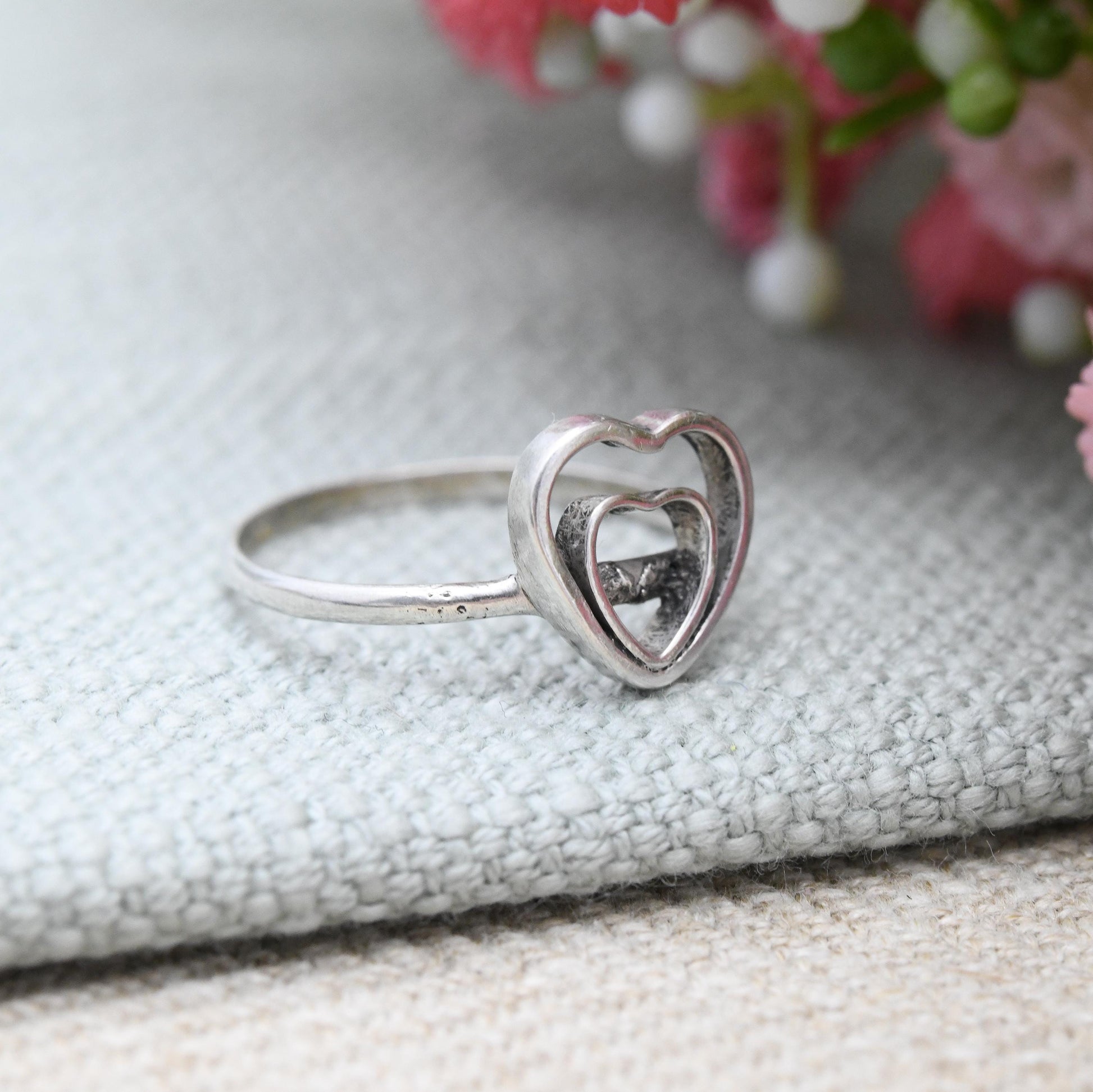 Vintage Silver Double Heart Ring - Minimal Silver Love Heart Jewellery | Sentimental Everyday Ring | UK Size - M | US Size - 6 1/4