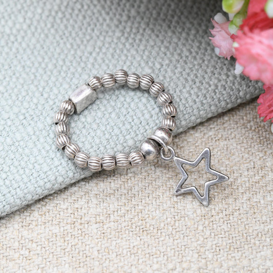 Sterling Silver ChloBo Star Ring - Beaded Charm Ring Stacking Minimal Everyday Silver | Adjustable Stretchy UK Size - P | US Size - 7 1/2