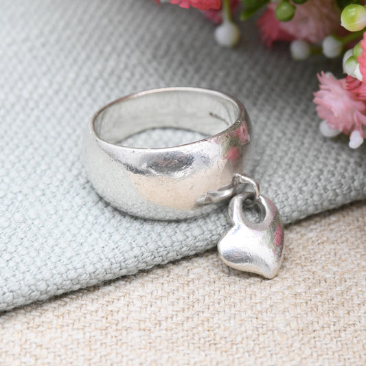 Chunky Sterling Silver Ring with Dangling Heart Drop - Contemporary Everyday Heavy Solid Silver Gift for Her | UK Size - R 1/2 | US Size - 9