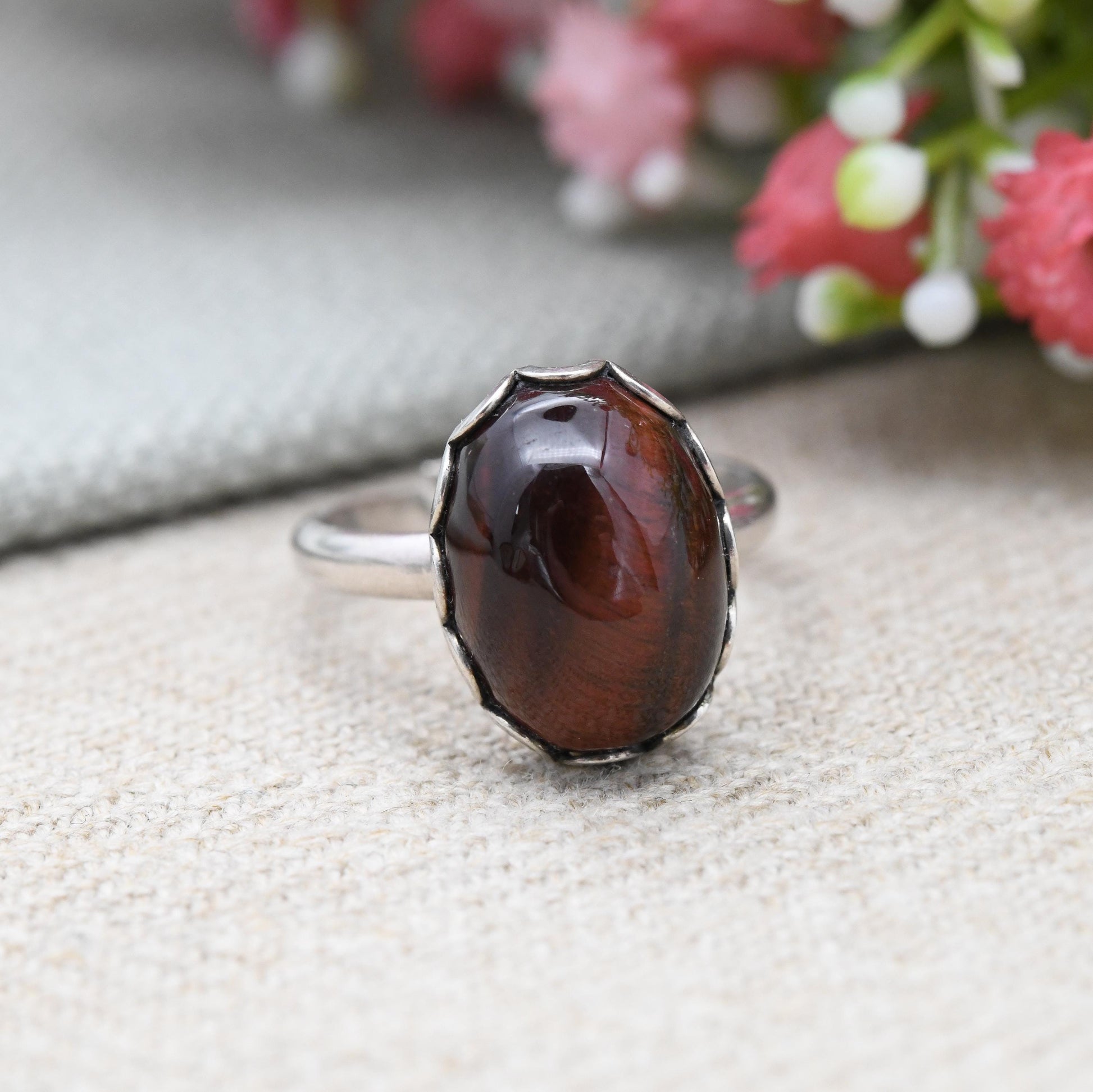 Vintage Sterling Silver Brown Tiger's Eye Ring - Large Gemstone Statement | Adjustable Ring | UK Size - L 1/2 | US Size - 6