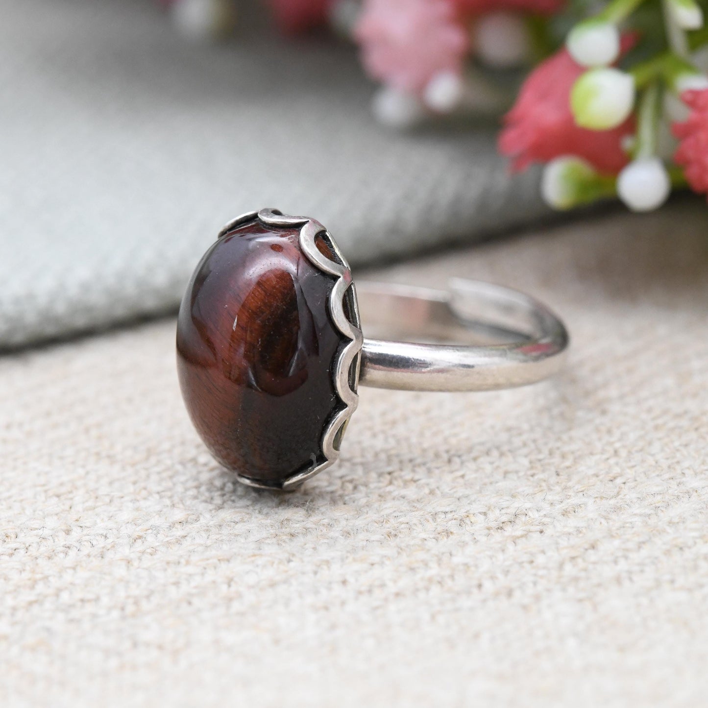 Vintage Sterling Silver Brown Tiger's Eye Ring - Large Gemstone Statement | Adjustable Ring | UK Size - L 1/2 | US Size - 6