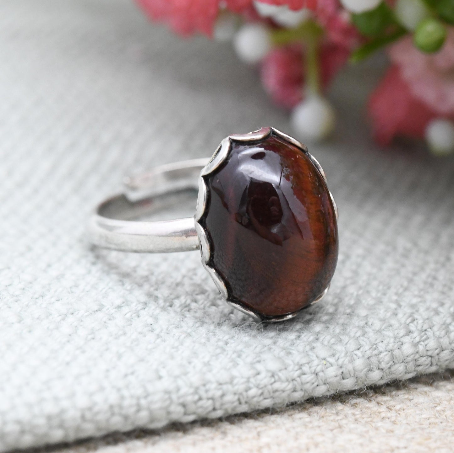 Vintage Sterling Silver Brown Tiger's Eye Ring - Large Gemstone Statement | Adjustable Ring | UK Size - L 1/2 | US Size - 6