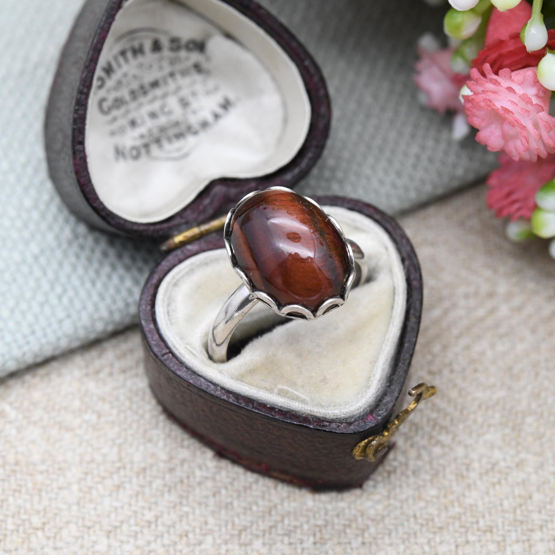 Vintage Sterling Silver Brown Tiger's Eye Ring - Large Gemstone Statement | Adjustable Ring | UK Size - L 1/2 | US Size - 6