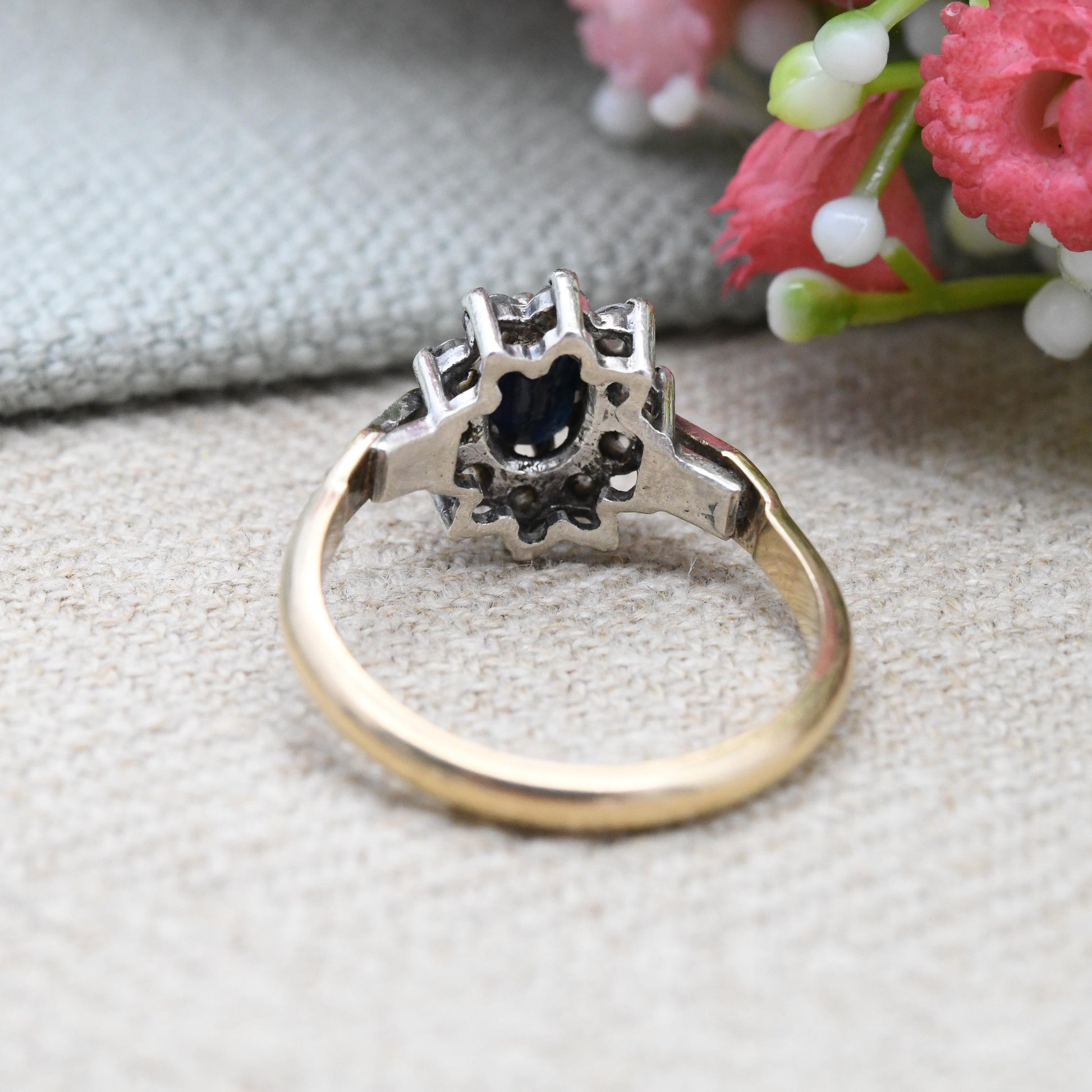 Vintage Sterling Silver Sapphire CZ Halo Flower Ring 1990 by Bracelon - Golsil Gold Plated Cocktail Ring | UK Size - O | US Size - 7 1/4