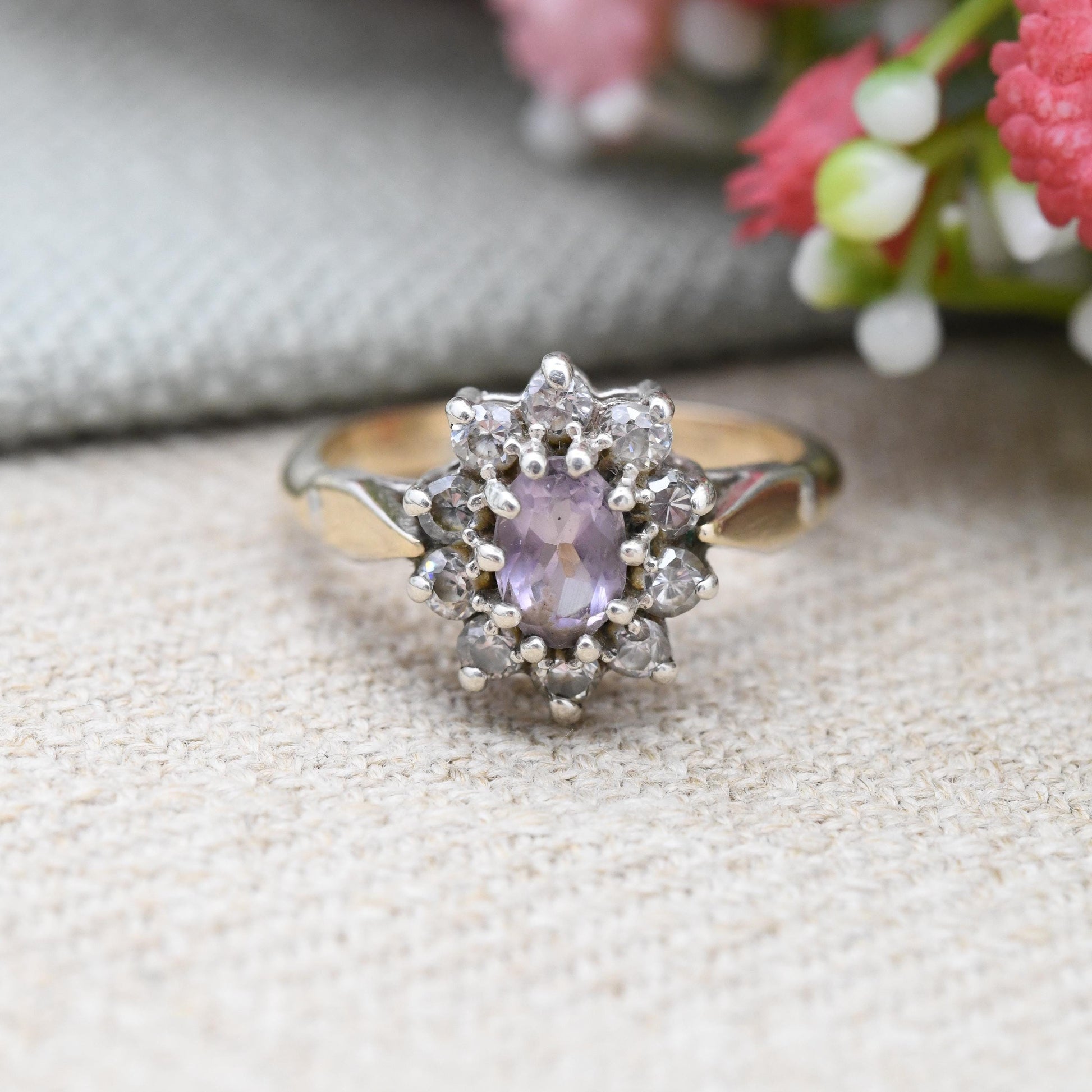 Vintage Sterling Silver Amethyst CZ Halo Flower Ring 1991 by Bracelon - Golsil Gold Plated Cocktail Ring | UK Size - L | US Size - 5 3/4