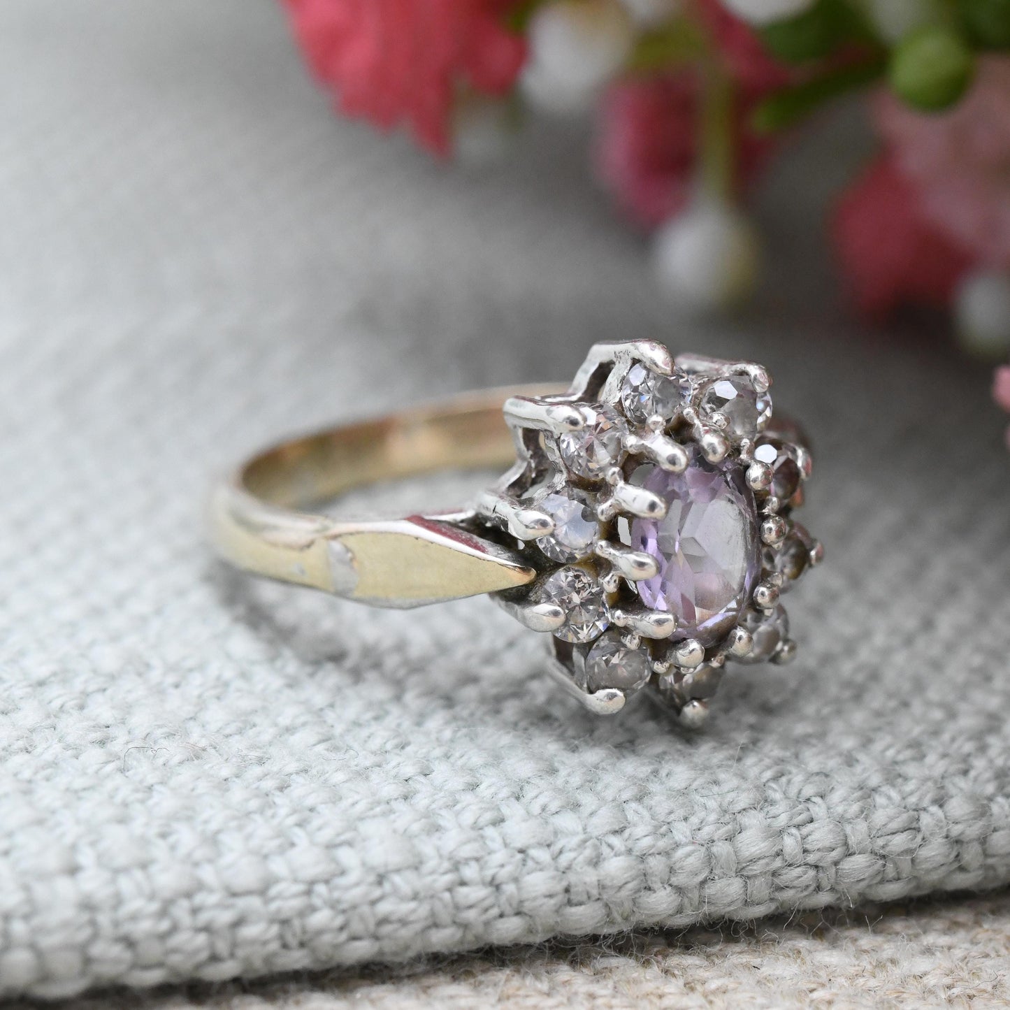 Vintage Sterling Silver Amethyst CZ Halo Flower Ring 1991 by Bracelon - Golsil Gold Plated Cocktail Ring | UK Size - L | US Size - 5 3/4